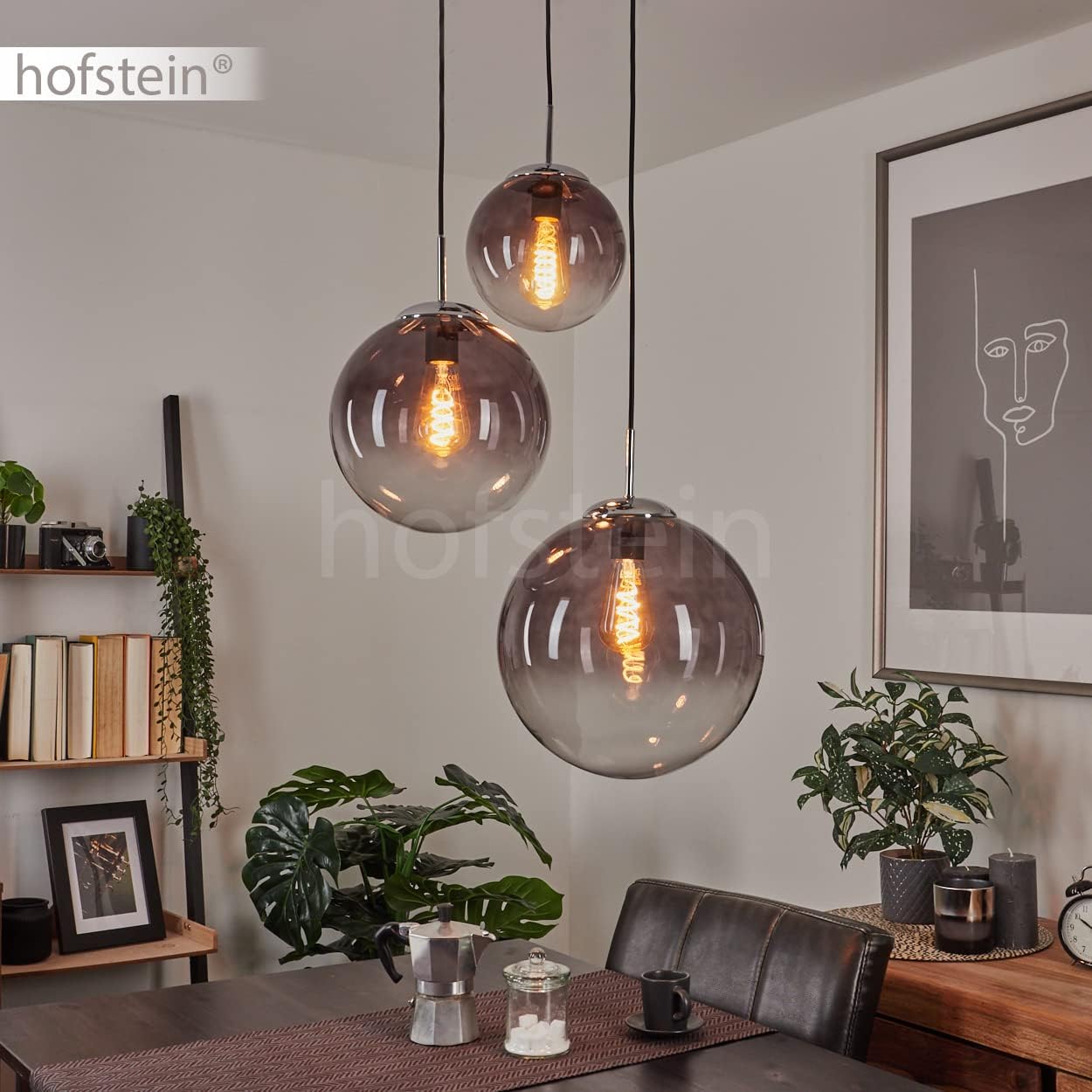 Hängeleuchte Degevos, 3-flammige Deckenlampe aus Metall/Glas in Chrom/Rauchfarben, moderne Pendellampe mit Kugeln aus Echtglas, Höhe max. 120 cm, 3 x E27,ohne Leuchtmittel