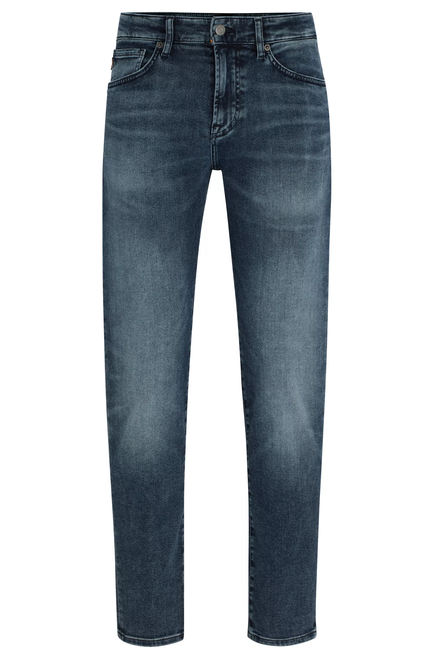 Calça jeans BOSS laranja, corte regular, em denim confortável com elasticidade azul-preto.