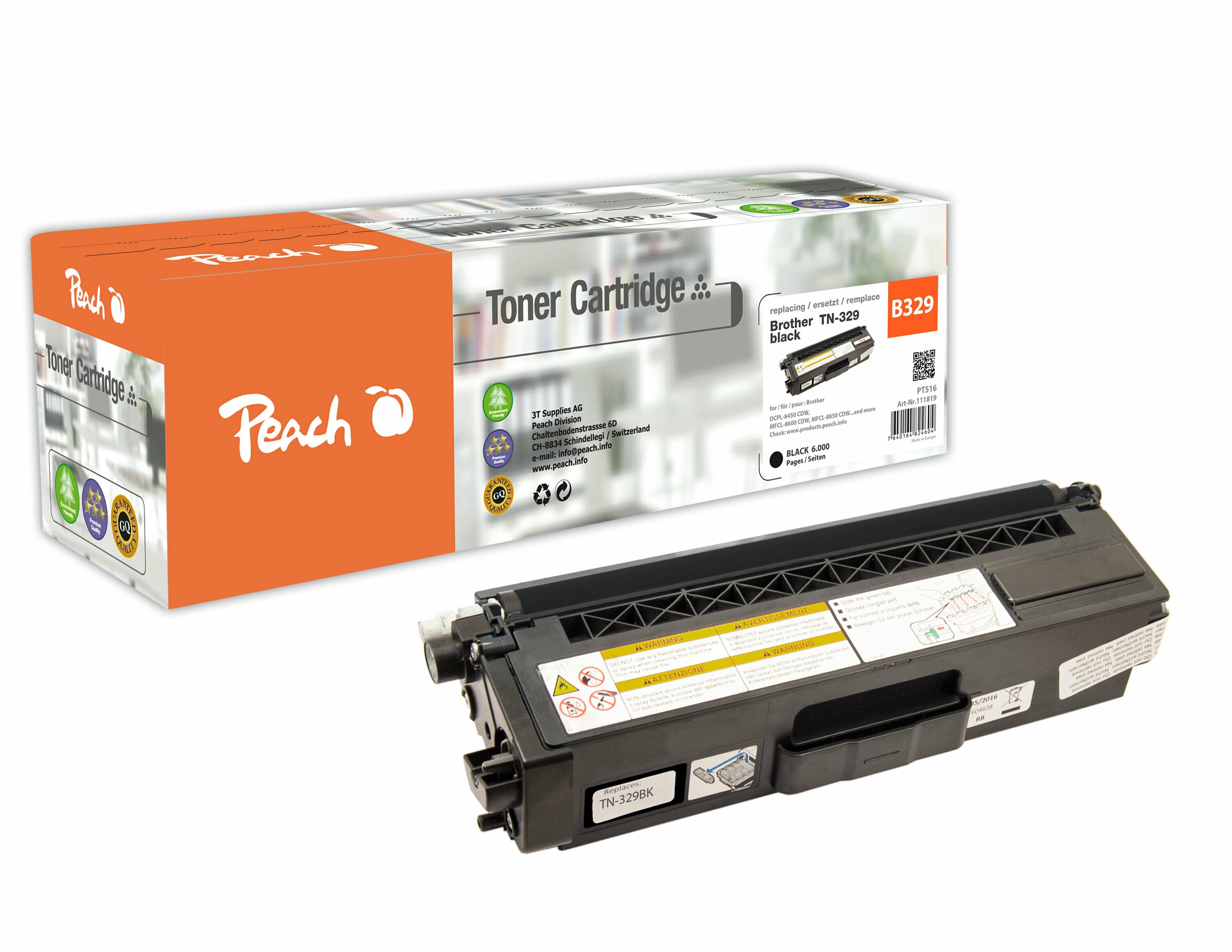 Peach B329 BK Toner XL bk ersetzt Brother TN-329BK für z.B. Brother DCPL 8450 CDW, Brother HLL 8350 CDW, Brother HLL 8350 CDWT, Brother HLL 8350 (wiederaufbereitet)