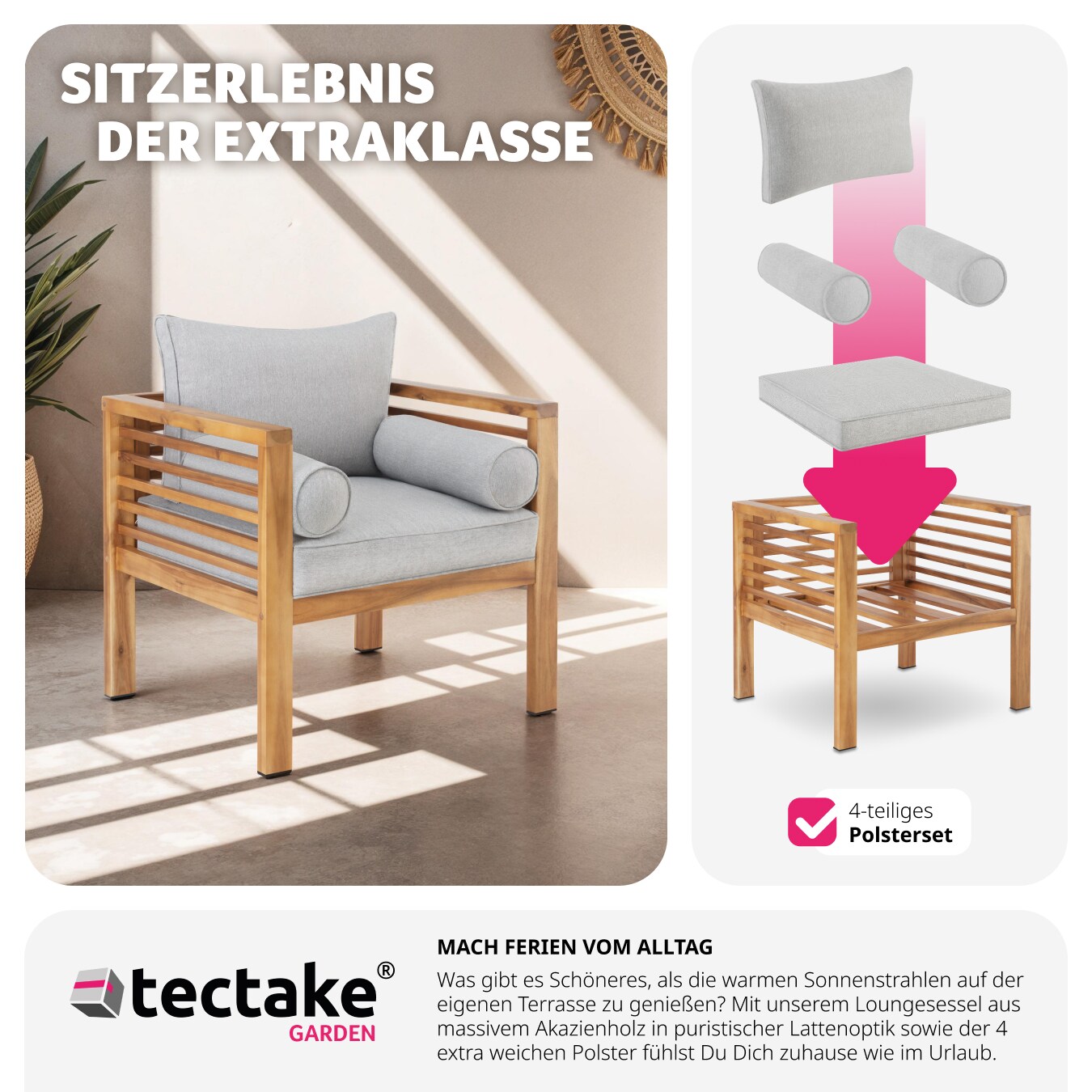 tectake® Garten-Loungesessel, mit lasiertem Holzgestell, Dicke des Sitzpolsters 12 cm, 72 x 63 x 64,5 cm