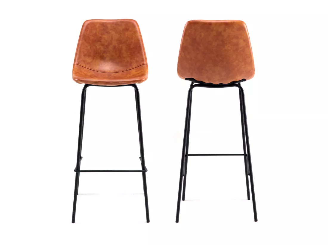Lot de 2 tabourets de bar vintage LUCIEN cognac - Hauteur d'assise 75cm - HAPPY GARDEN