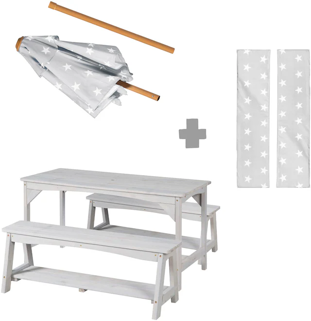 roba® Garten-Kindersitzgruppe »Outdoor+« Set, 3 Stk. tlg. Tisch und 2 Bänke mit Sitzauflage, Schirmset