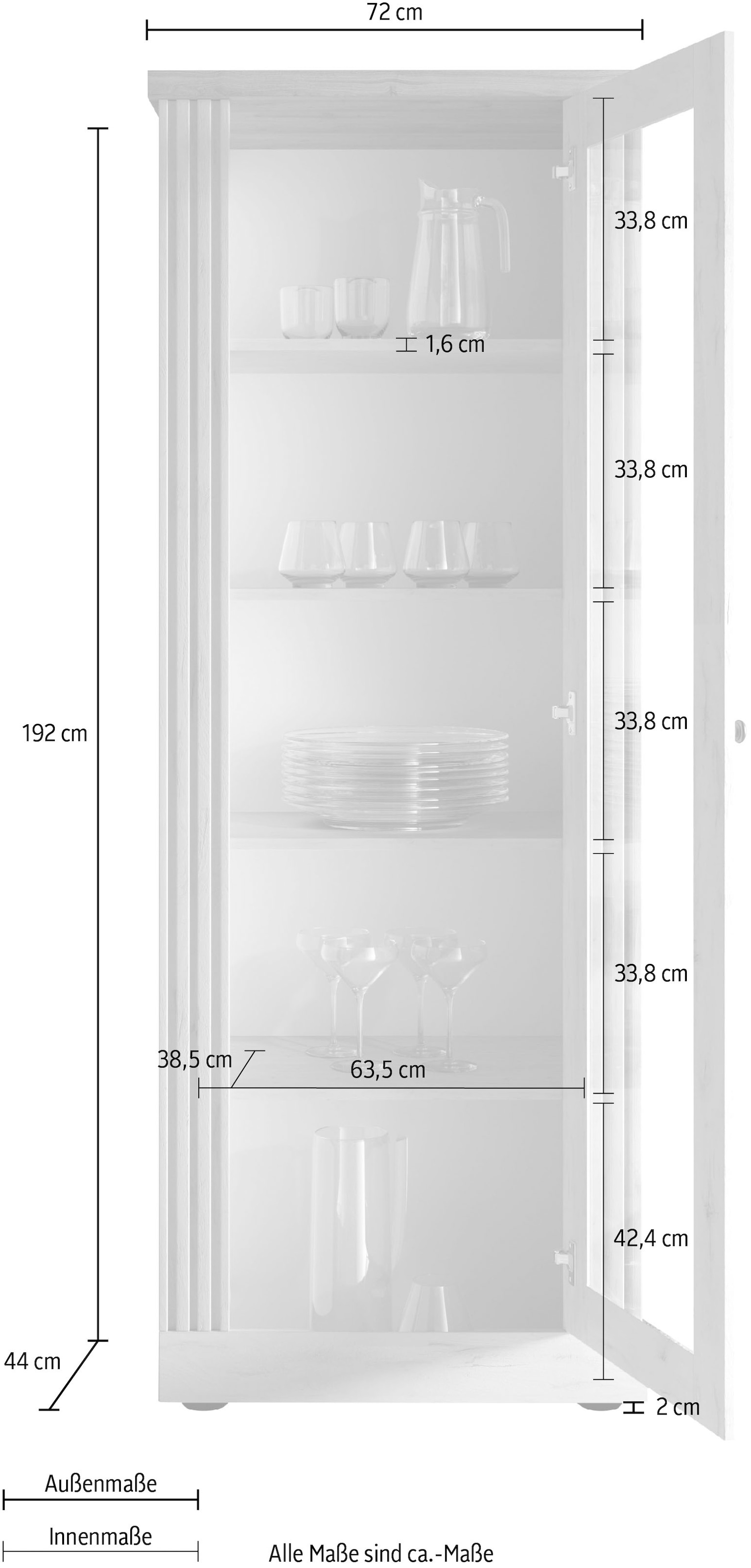 Home affaire Vitrine »Country Höhe 192 cm, Hochschrank mit 1 Tür, Anrichte, Standvitrine« im Landhausstil, viel Strauraum, mit Metallgriff, MDF Rahmen