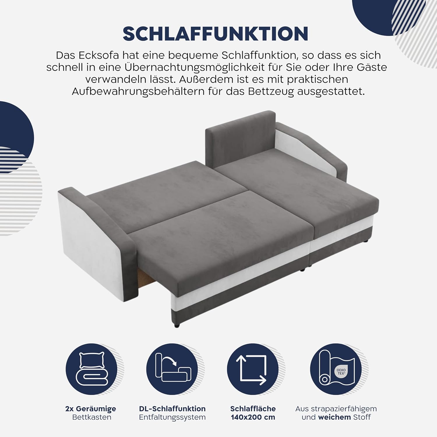 Mebligo - Ecksofa mit Schlaffunktion und Bettkasten Orion, Eckcouch Universelle Seite, Sofa L Form (BxTxH) 231 x 140 x 85 cm, Couch Wohnzimmer, Ecke Sofa, Schwarz + Weiß (Mikro 15 + Mikro 31)