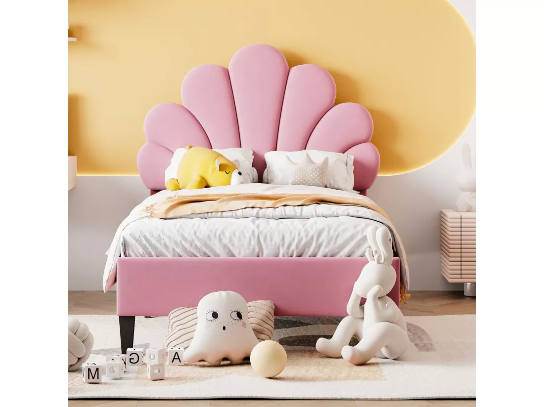 Lit coquillage avec tête de lit 90 x 200 cm en velours, sommier à lattes inclus, rose