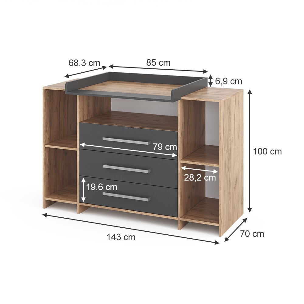 Vicco Wickelkommode Oskar XL 143 x 100 cm, Eiche Anthrazit, inkl. Wickelauflage
