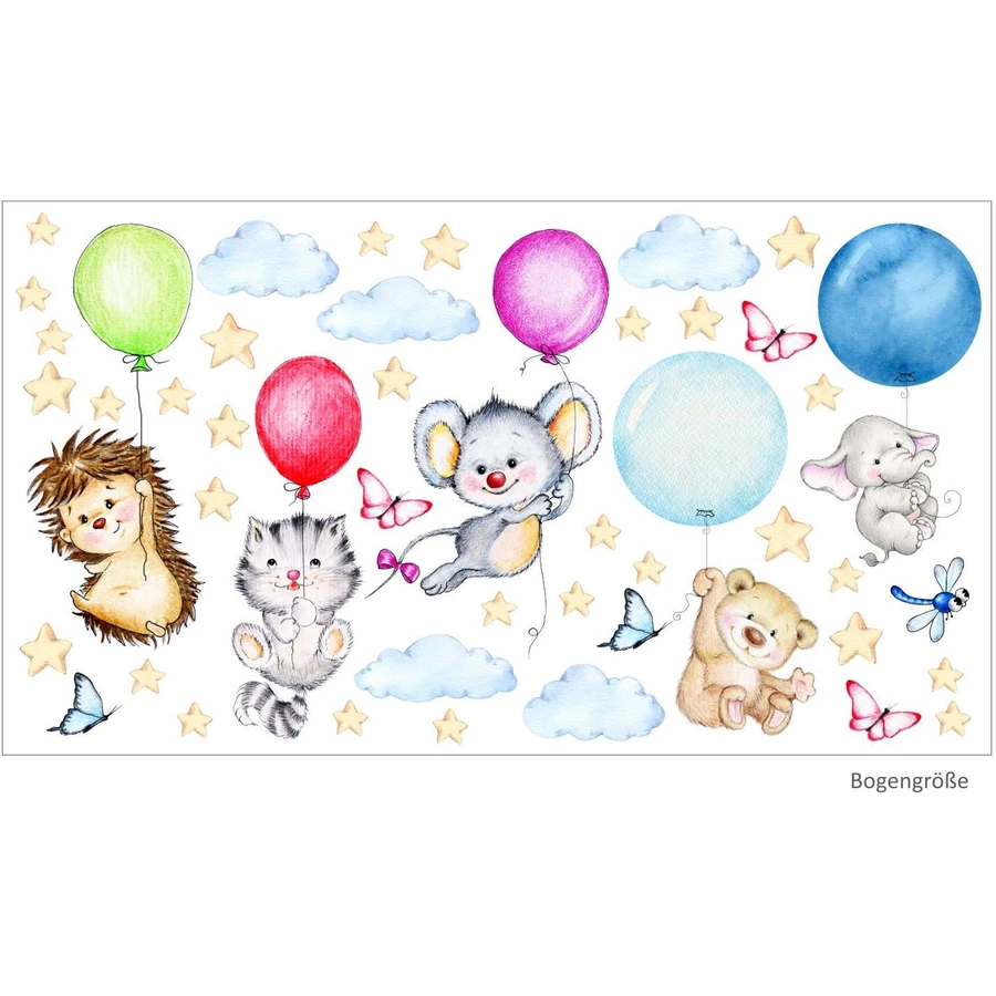 Nikima Wandtattoo 123 niedliche Tiere mit Luftballons Igel Katze Maus Bär Elefant bunt