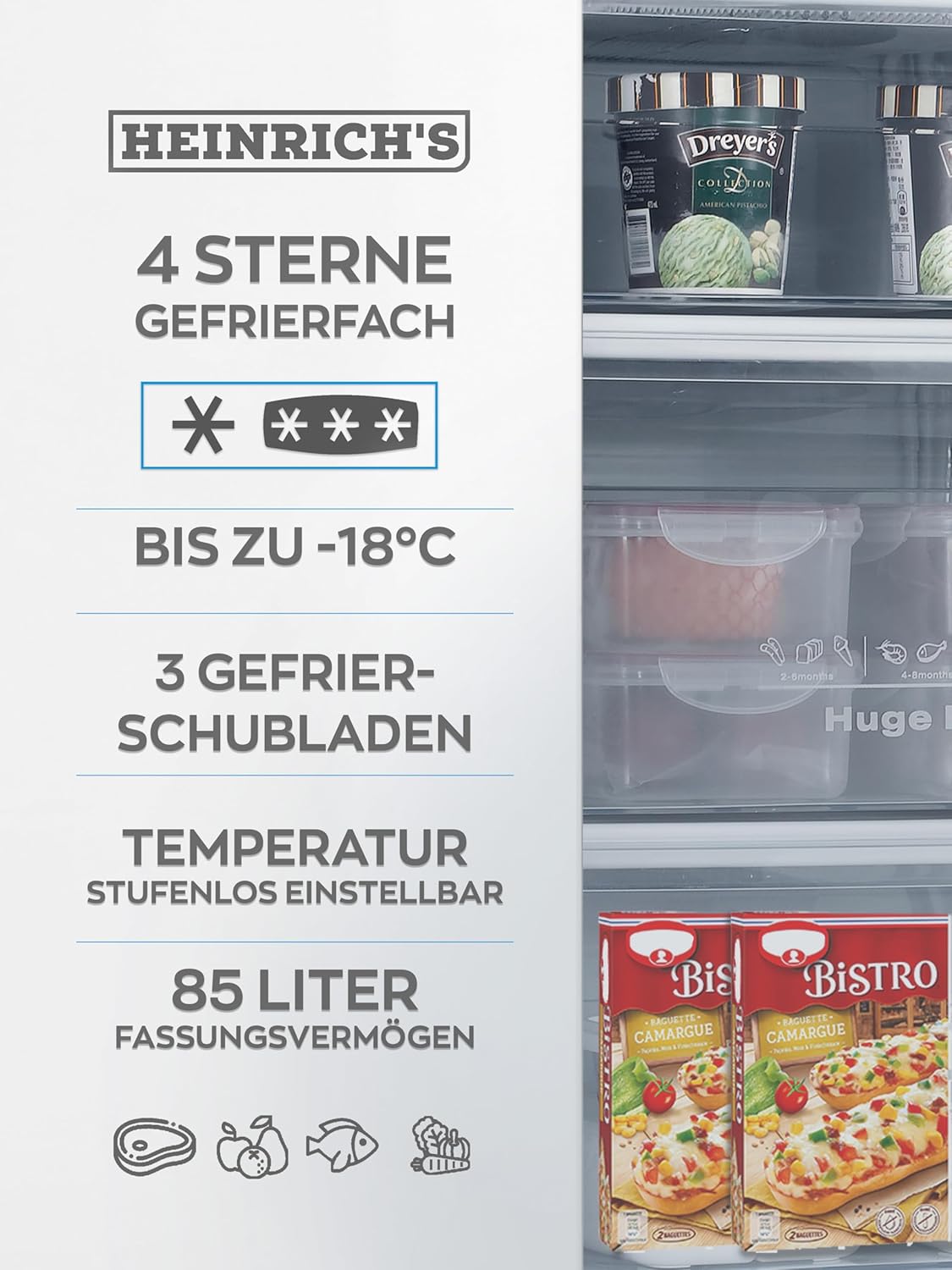Heinrich´s Gefrierschrank, Mini, Temperatur:-18°C~-38°C, Freezer, 3x Gefrierschublade, Stufenloser Temperaturregler,Airflow, wechselbarer Türanschlag, 85 Liter Nutzinhalt, weiß