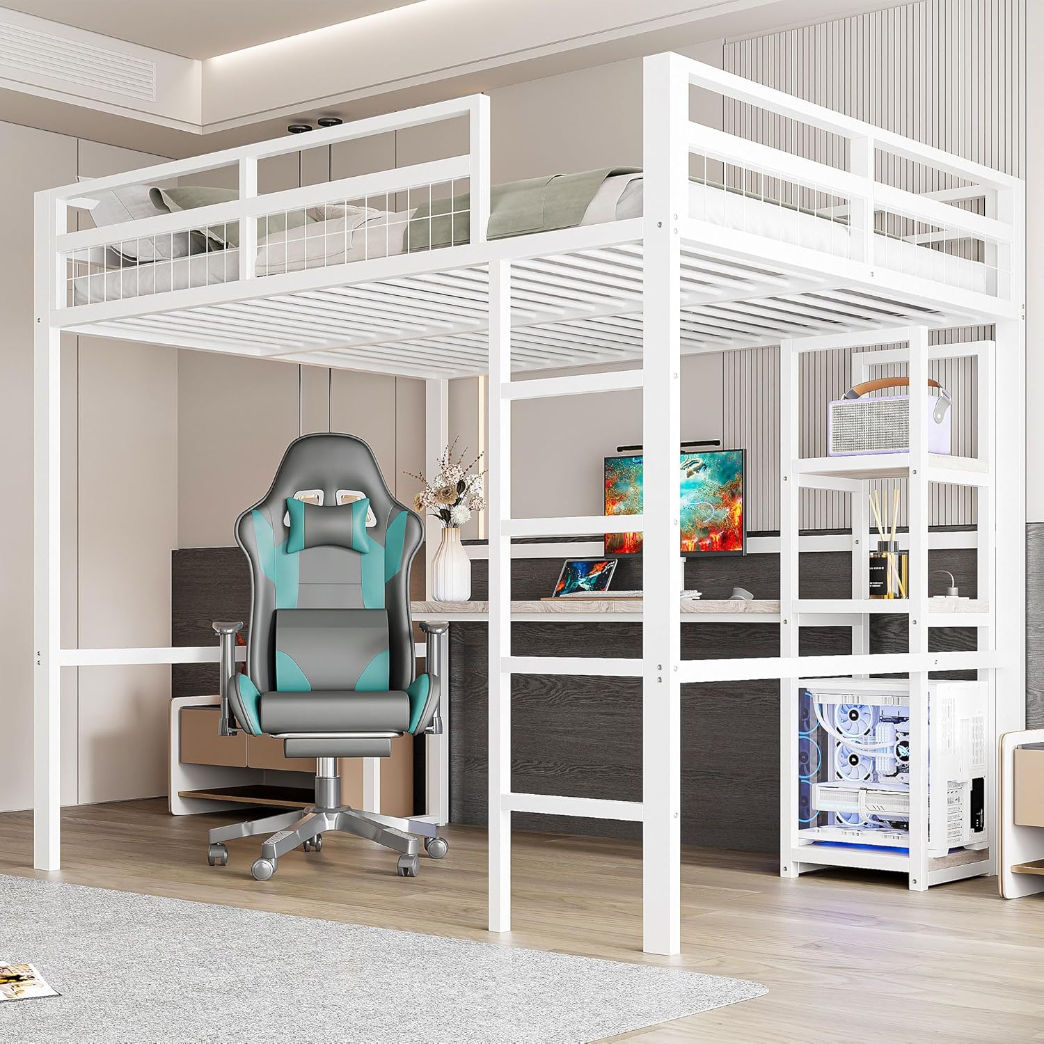 Hochbett, 140 x 200cm, Eisenrahmen, mehrere Einlegeböden, Schreibtisch mit Steckdose, mit USB Type-c, Geländer, Trittleiter, ohne Matratze, Weiß - B