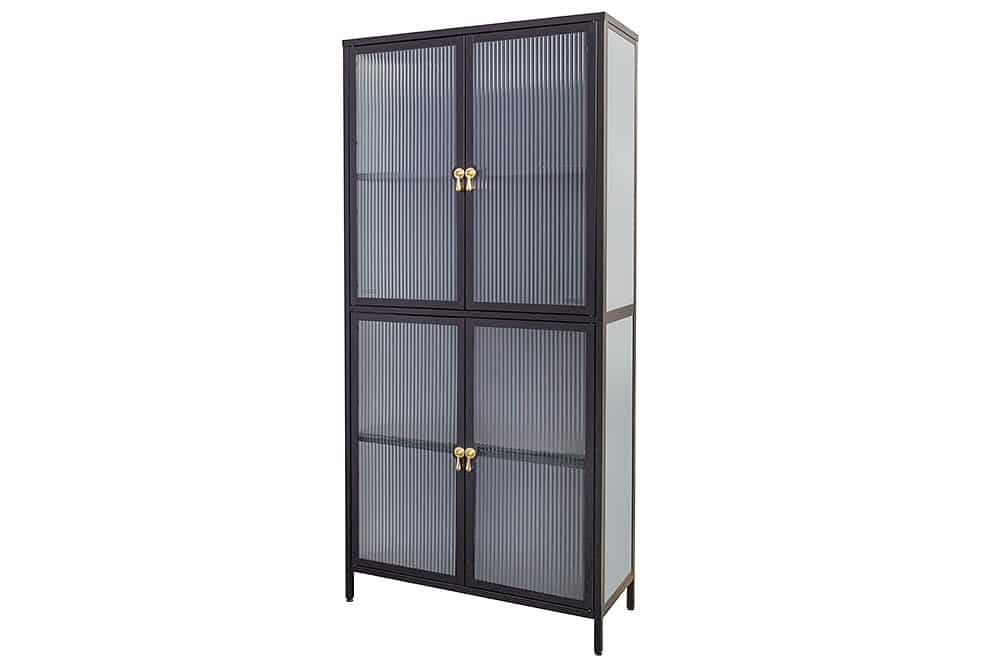 Moderne Vitrine AMSTERDAM 180cm schwarz gold Riffelglas Metall Highboard Schrank