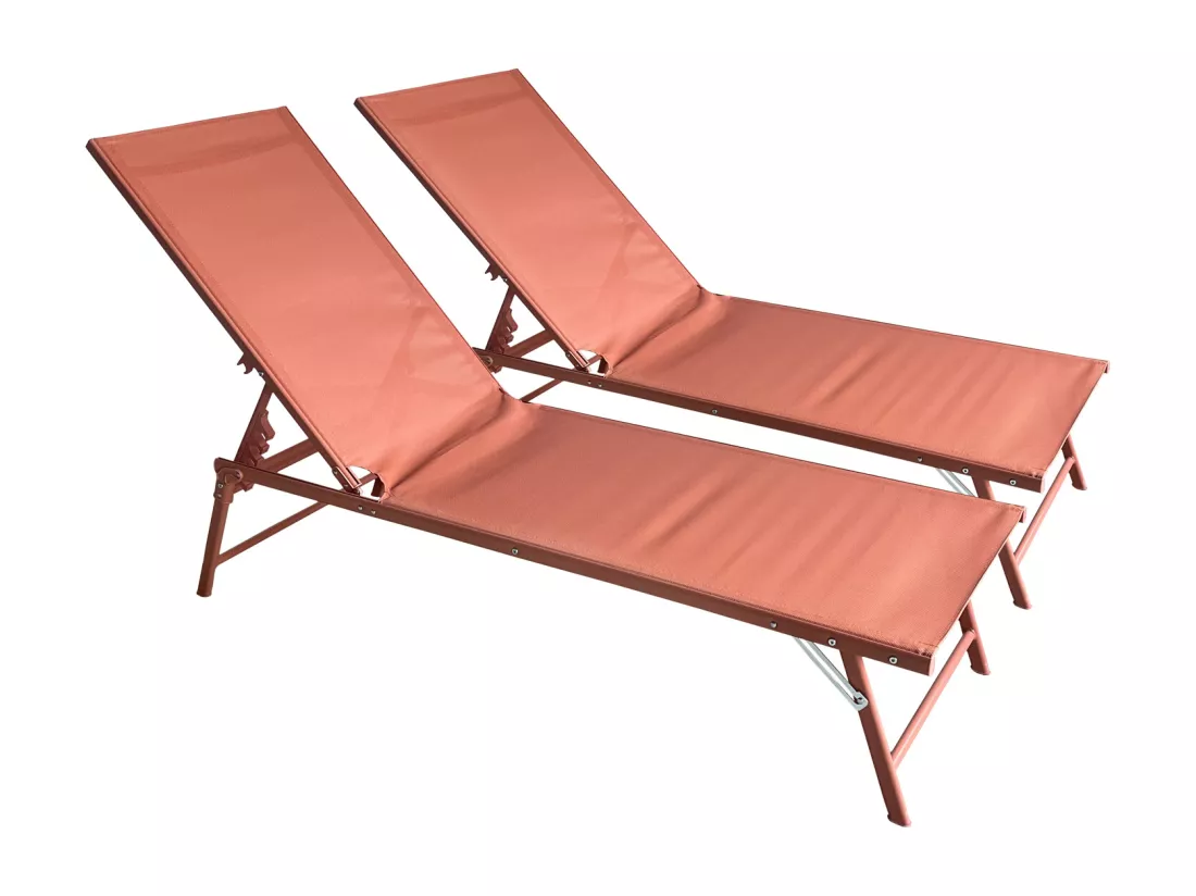 Lot de 2 bains de soleil pliants SICILIA en textilène terracotta - structure terracotta