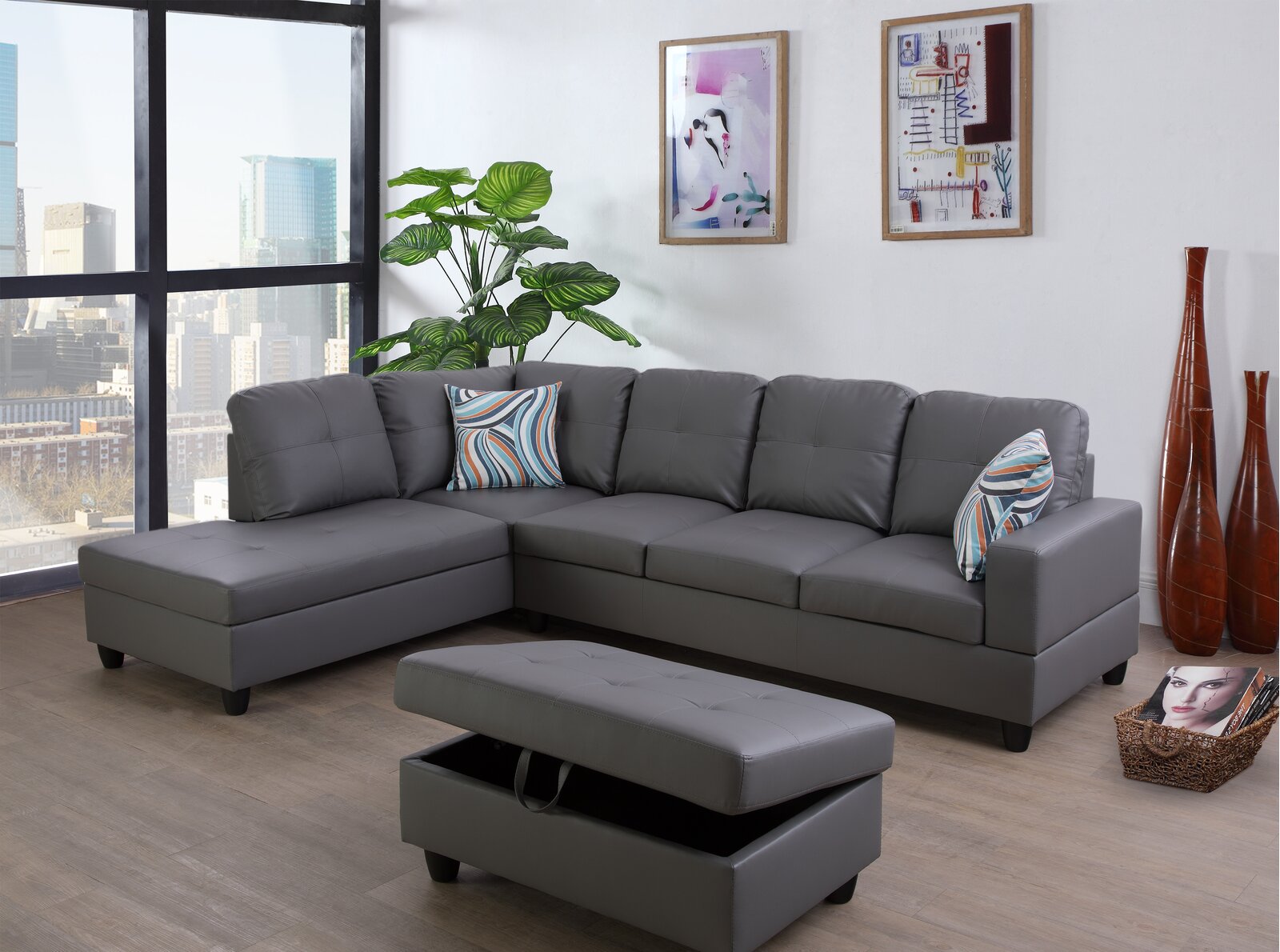 Wilhelmine 103.5&prime;&prime; Wide Faux Leather Sofa & Chaise With Ottoman