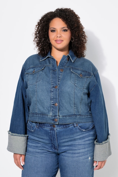 Jeansjacke, Fransen, Hemdkragen, breiter Ärmelumschlag