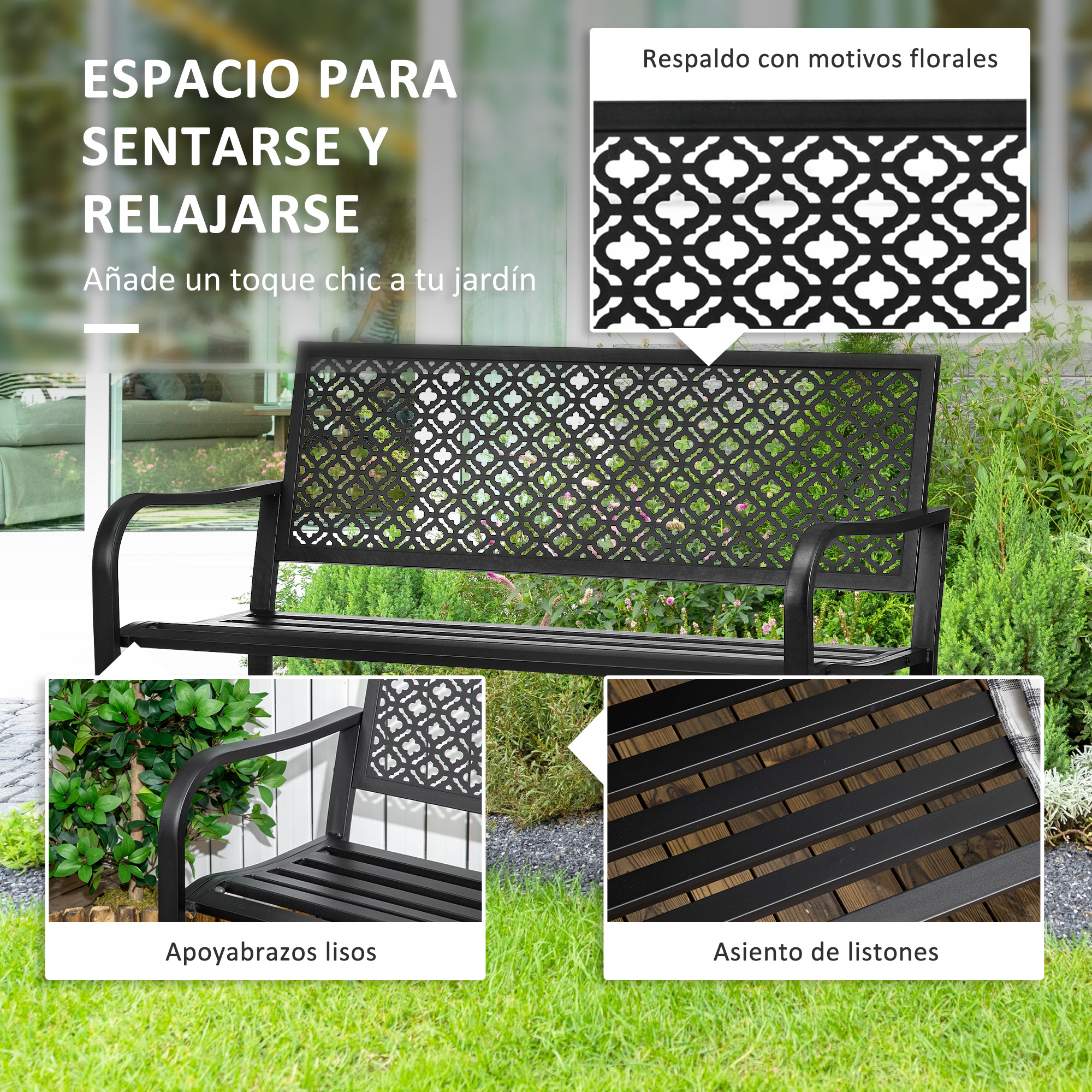 Banco de jardim Outsunny em aço, banco externo de 2 lugares com encosto decorativo estampado para terraço, varanda e pátio, capacidade de carga de 240 kg, 127 x 63 x 83 cm, preto
