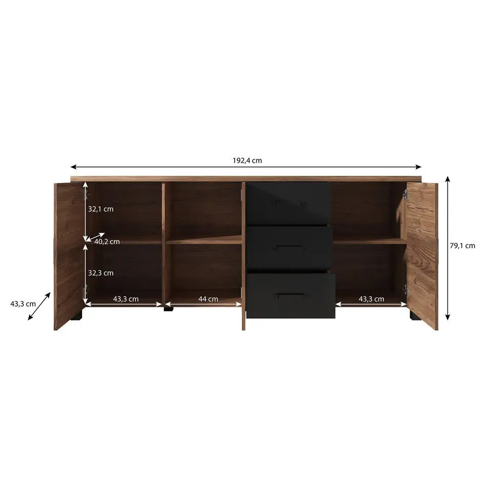 Meubella - Dressoir Olivia - Zwart - Eiken - 192 cm