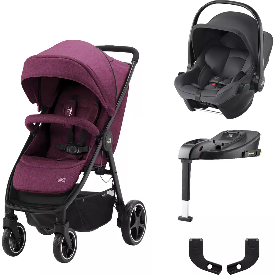Britax Römer Buggy B-Agile M Cherry Wine inklusive Babyschale Baby-Safe Core i-Size Midnight Grey plus Basisstation Core und Adapter