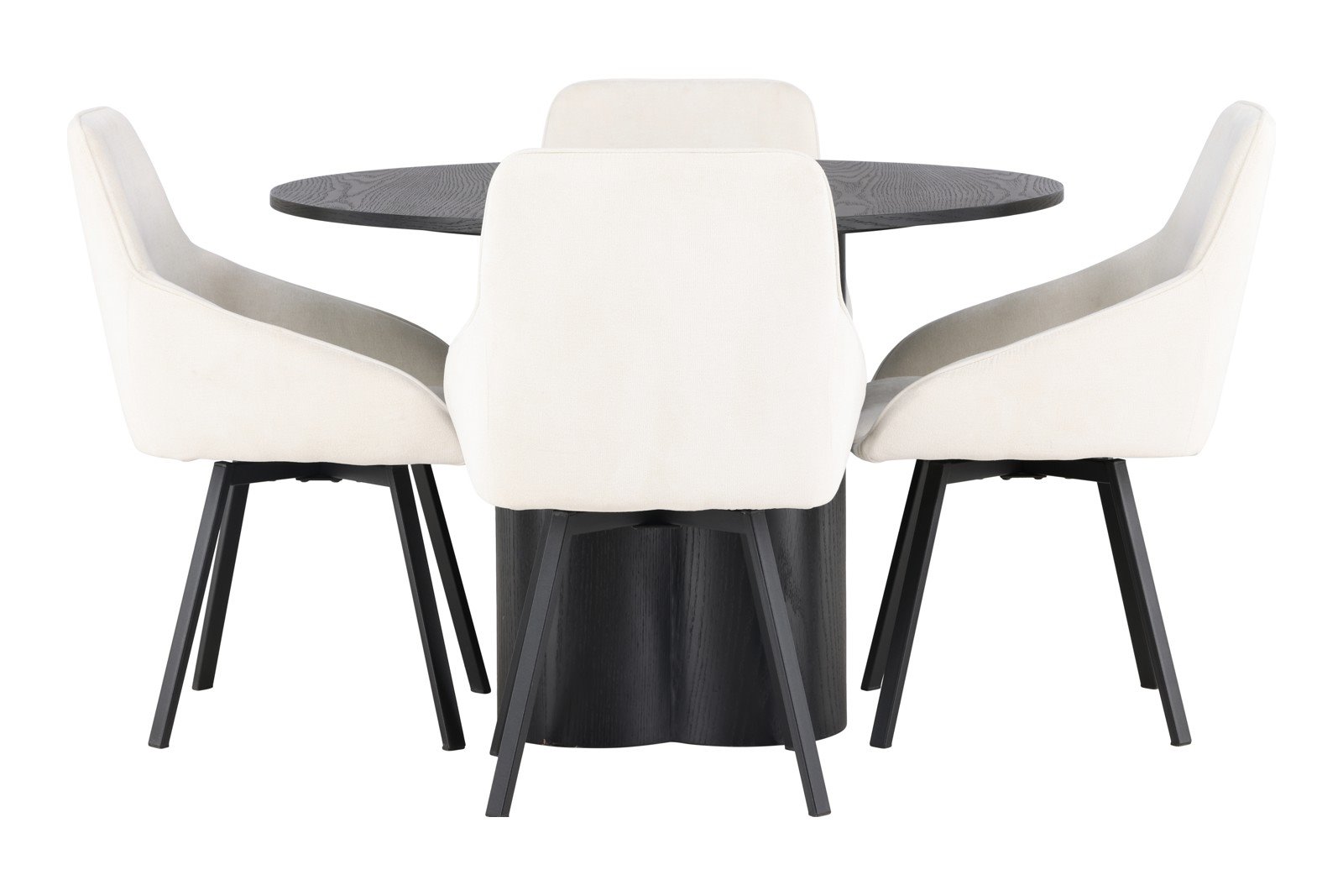 Olivia og Rosie Spisegruppe Olivia rundt spisebord Ø110 cm i sort med 4 stk. Rosie spisetoler i Beige og sorte ben.