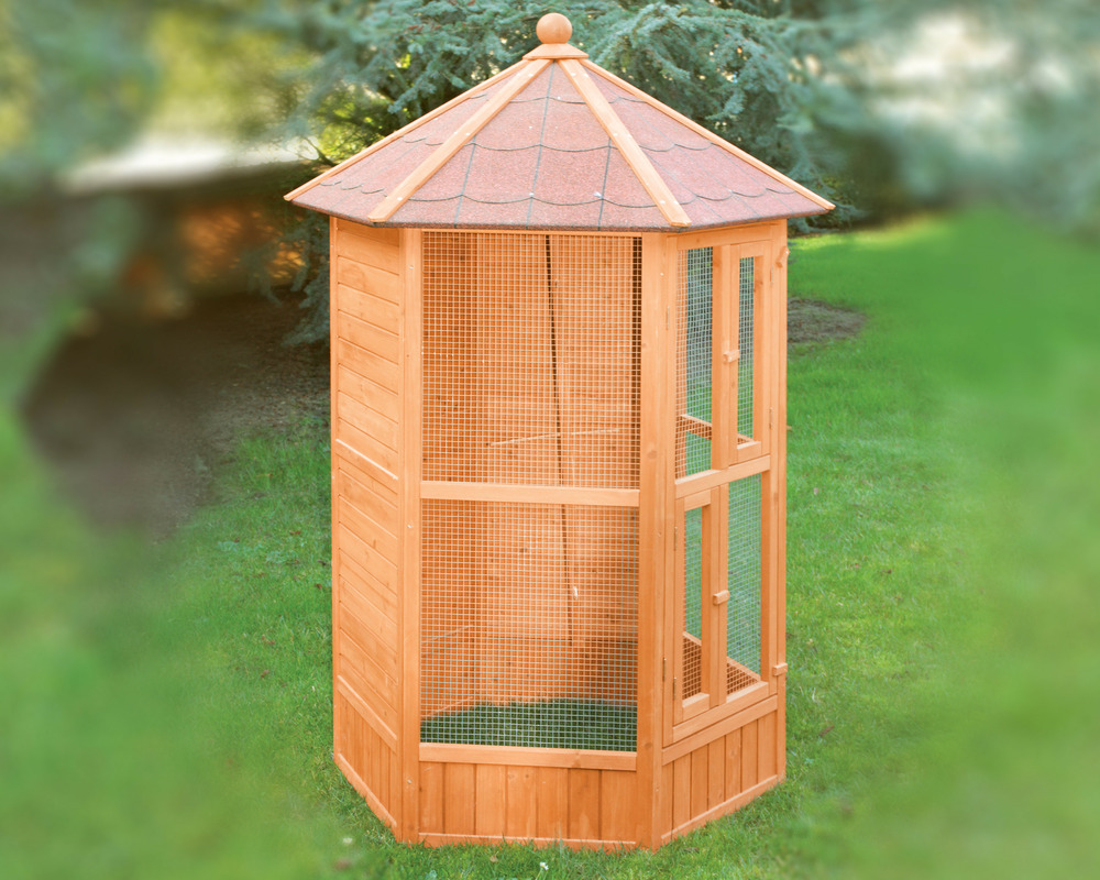 Volière hexagonale en bois lasuré pour oiseaux intérieur ou extérieur