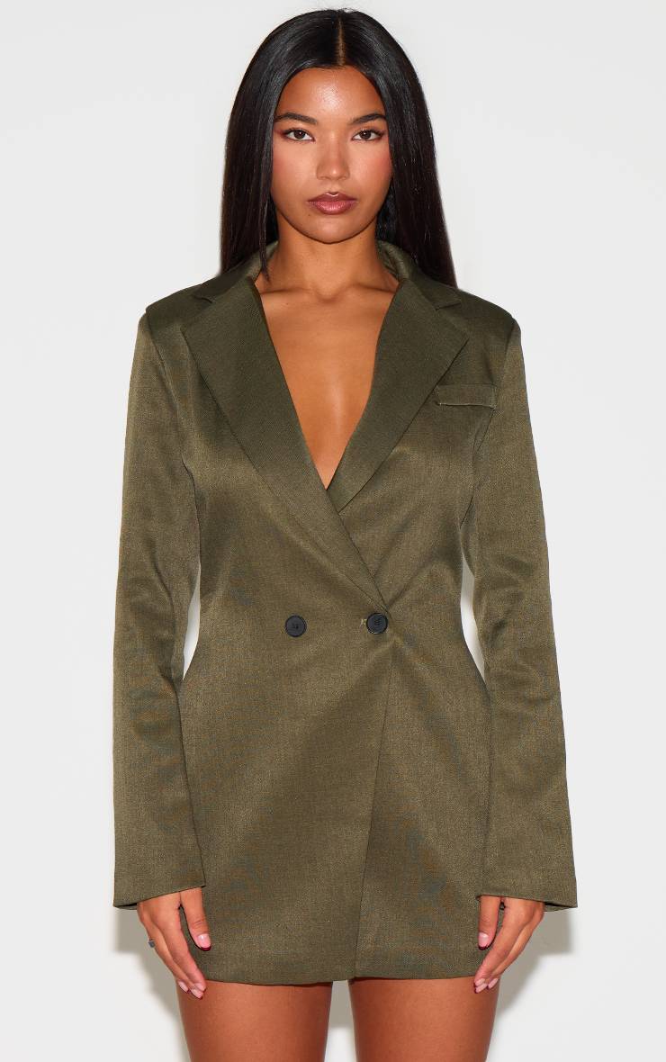 Kaki Robe Blazer Cintrée À La Taille En Tissu Tissé À Double Boutonnage