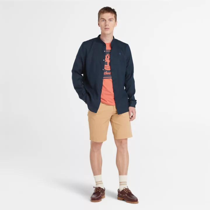 Chemise en lin Mill Brook à col Mao pour homme en bleu marine