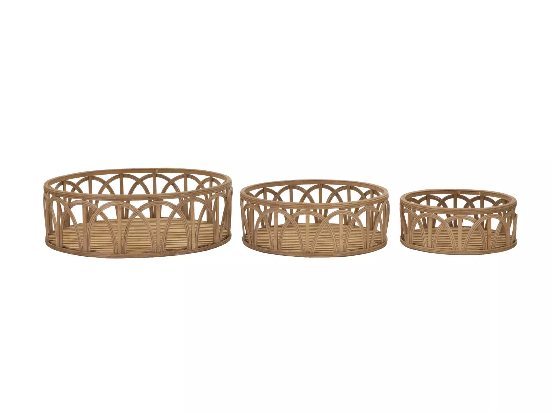Lot de 3 plateaux pochettes en rotin marron Ø 50x16-40x14-30x12 cm