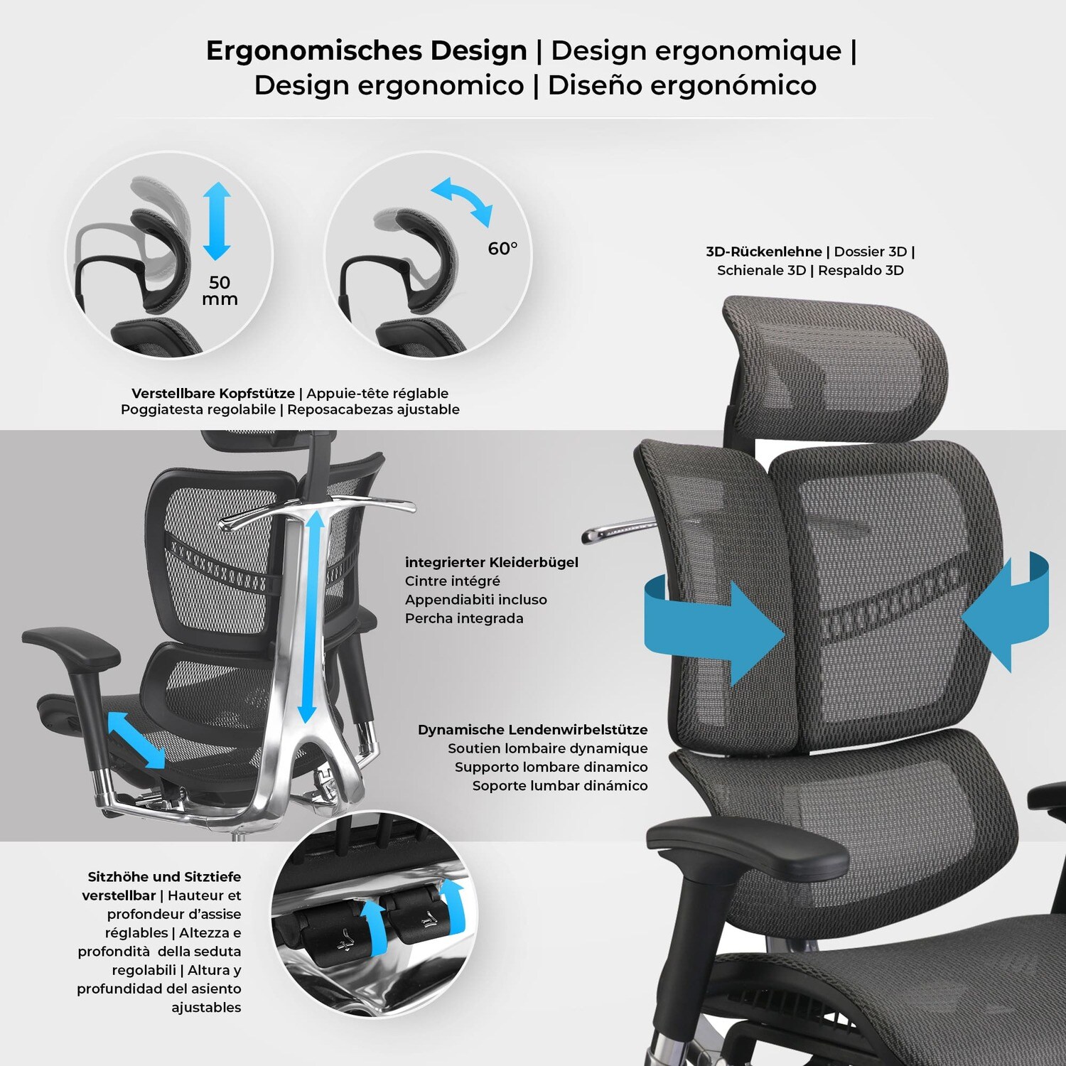 TPFLiving Bürostuhl Norman Ergonomic mit Netzbezug Grau