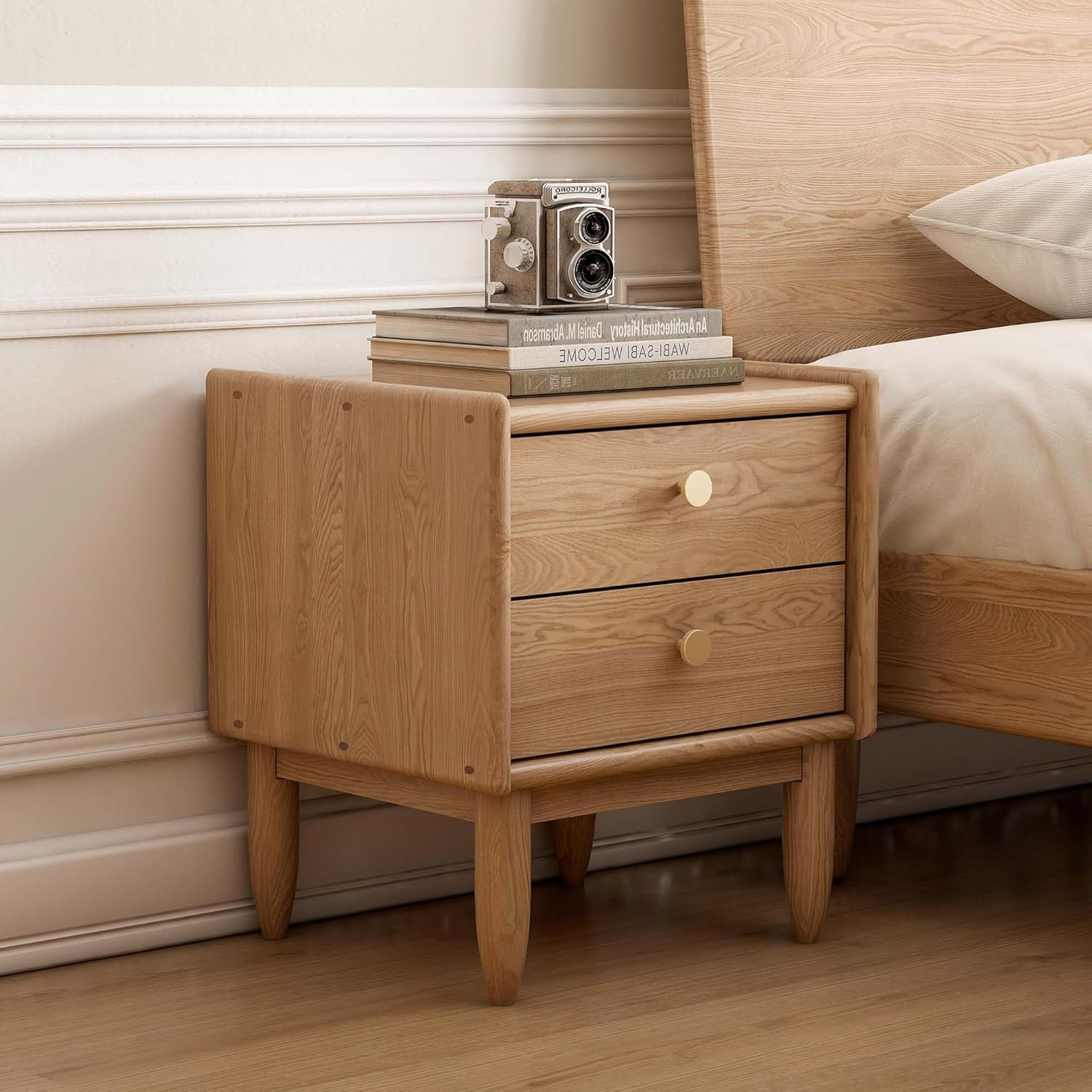 YESWOOD Massivholz Nachttisch mit 2 Schubladen, Nachtschrank aus Eschenholz, Vintage nachttisch, klassisches Design, für Schlafzimmer, bietet Stauraum, 40 x 36 x 46 cm, Naturholzfarbe
