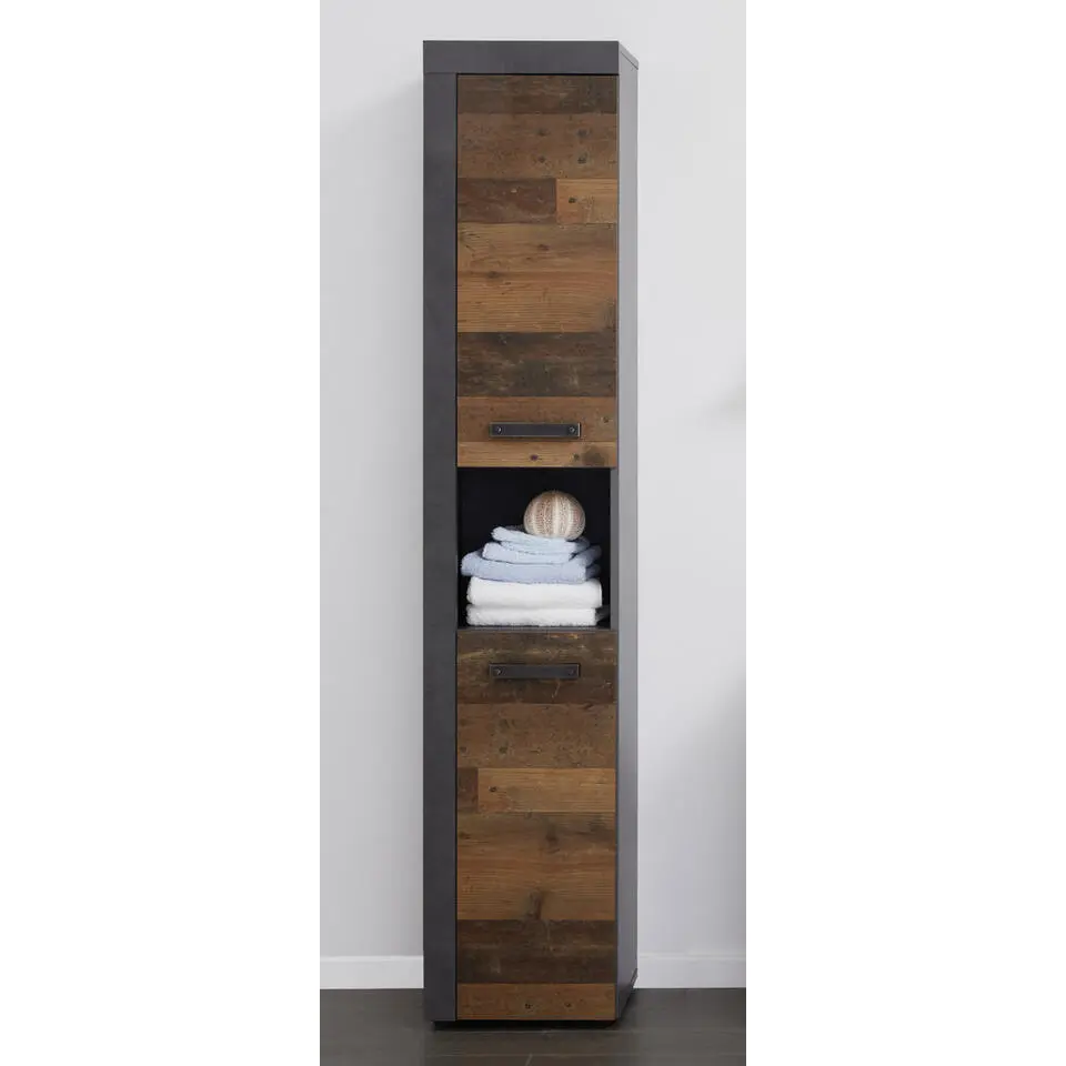 Hioshop CancunIndy kolomkast 2 deuren- 1 open vak eiken decor- oud houten