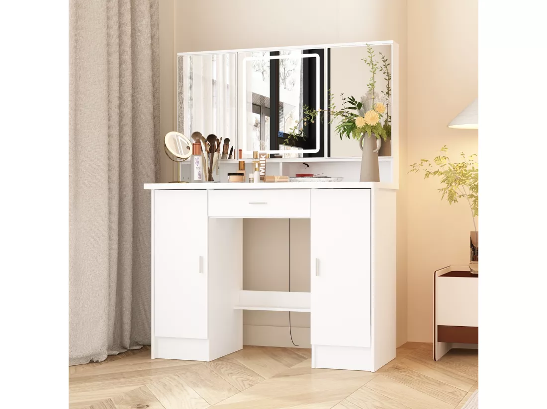 Coiffeuse avec éclairage LED et miroir rectangulaire surdimensionné,éclairage tricolore,armoires,tiroirs,100x45x135cm,Blanc