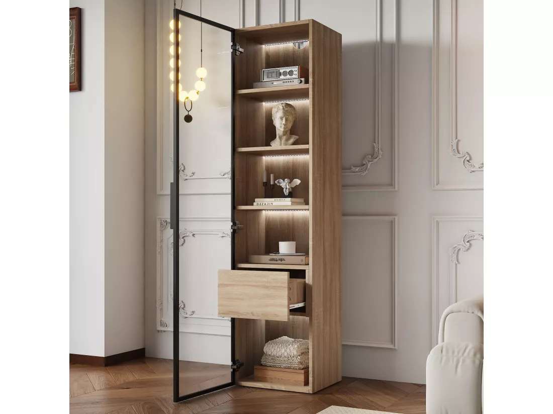 Vitrine, buffet haut avec 1 porte en verre et 1 tiroir intérieur - 40 X 34.5 X 165 cm - Bois MDF - Naturel