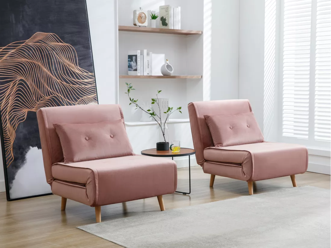 Fauteuil convertible en velours rose poudré URIBIA