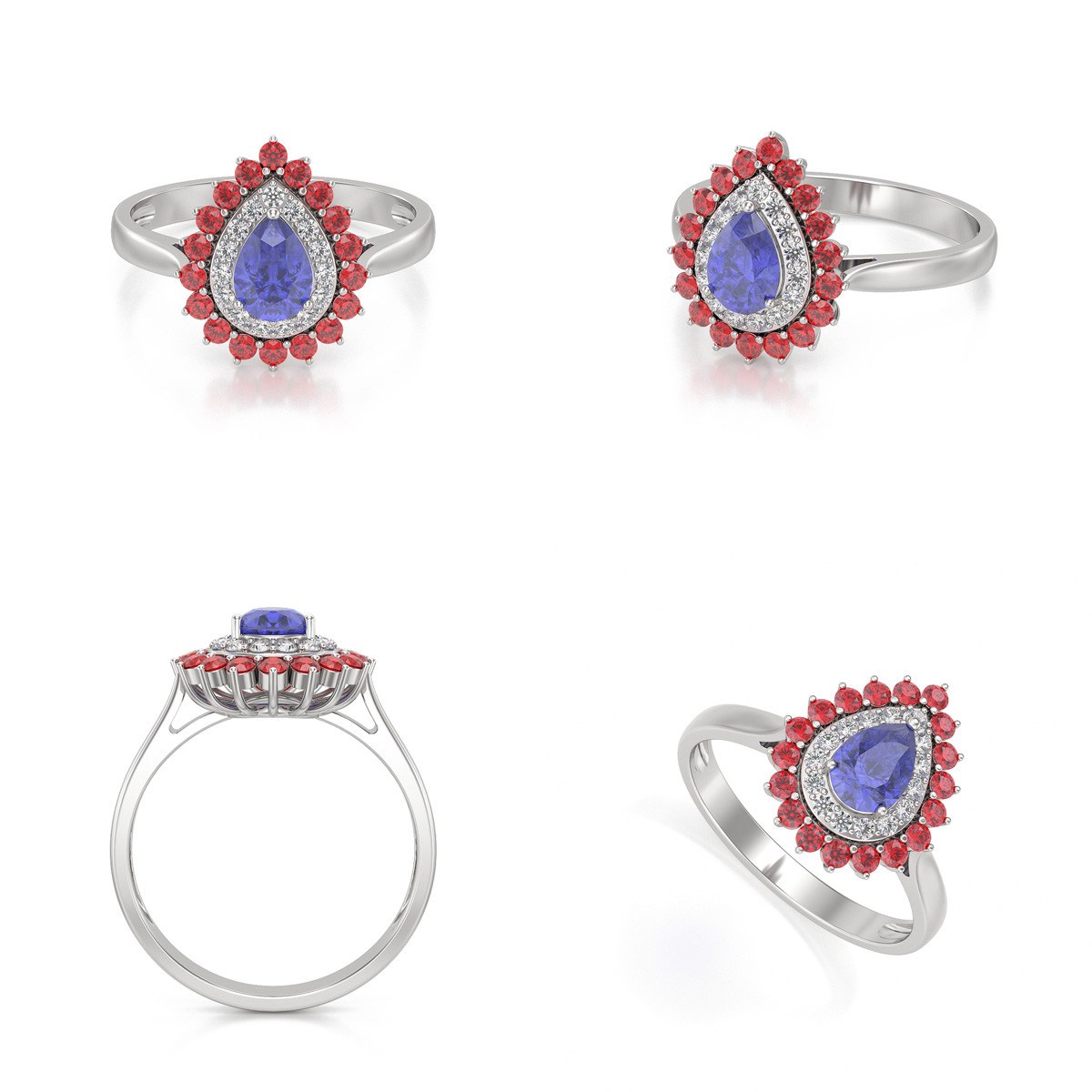 Bague ADEN Or 585 Blanc Tanzanite Rubis et diamants 3.15grs