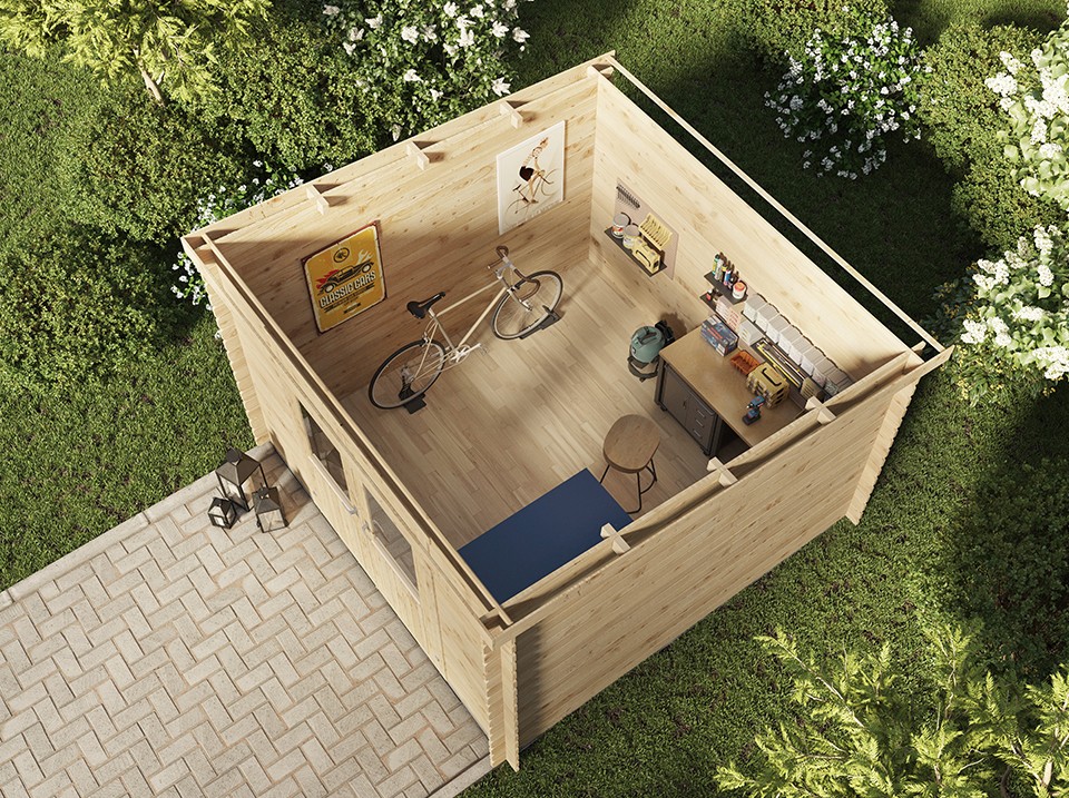Abri de jardin bellagio 8m2 - epaisseur des madriers : 28mm - cabanon - stockage velo / outils - double porte - fermeture a clé