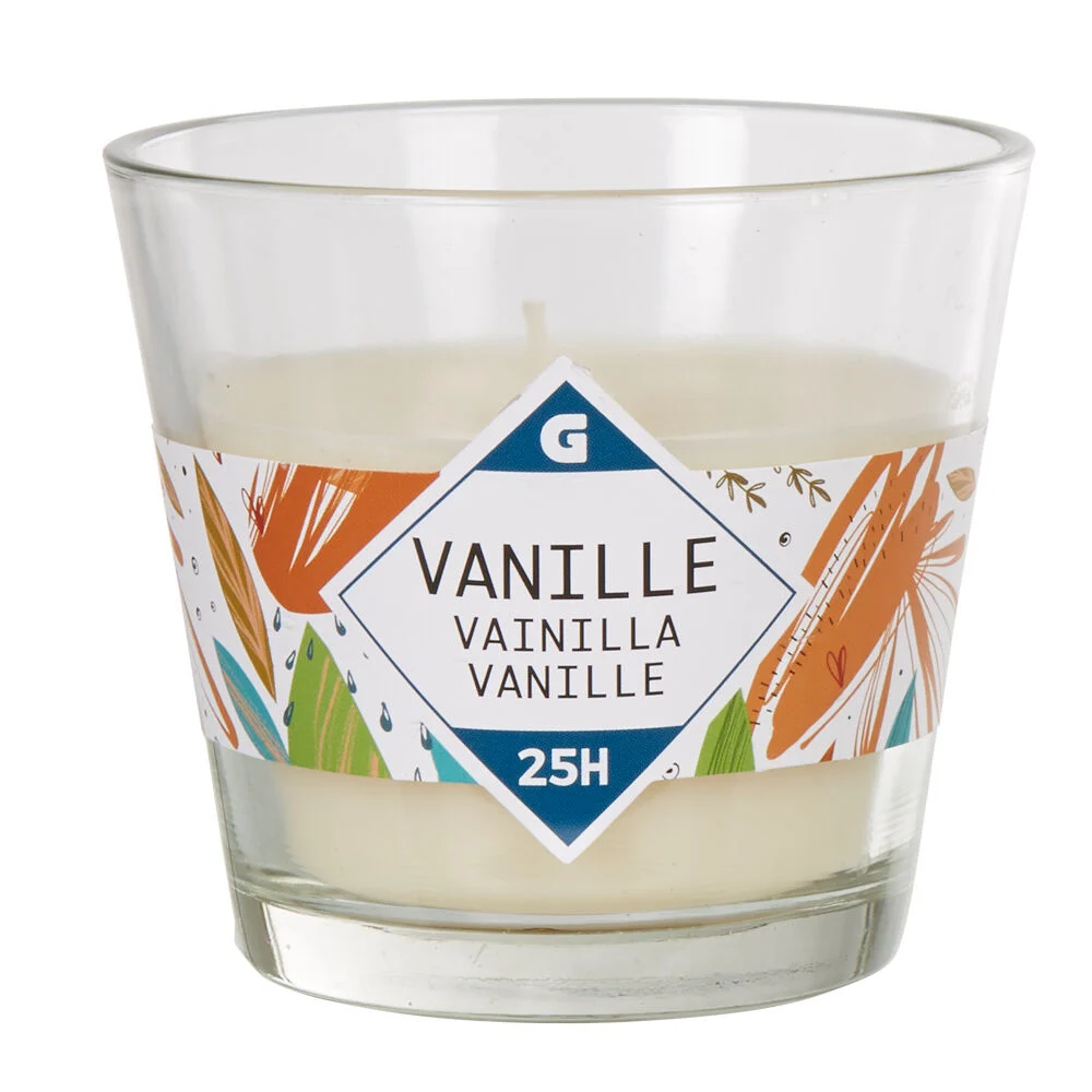 Bougie dans verre transparent senteur vanille 25H