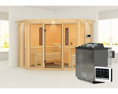 Karibu Astaria modulaire sauna inclusief 9 kW biooven en externe bedieningseenheid met dakrooster en gebronsde volledig glazen deur