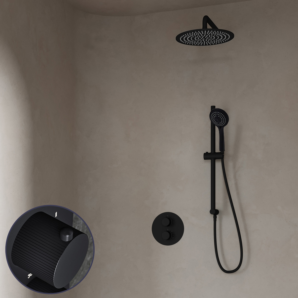 Saniclear Nero Stripes inbouw regendouche rond met 30cm hoofddouche, muurarm, 3 standen handdouche en glijstang zwart mat