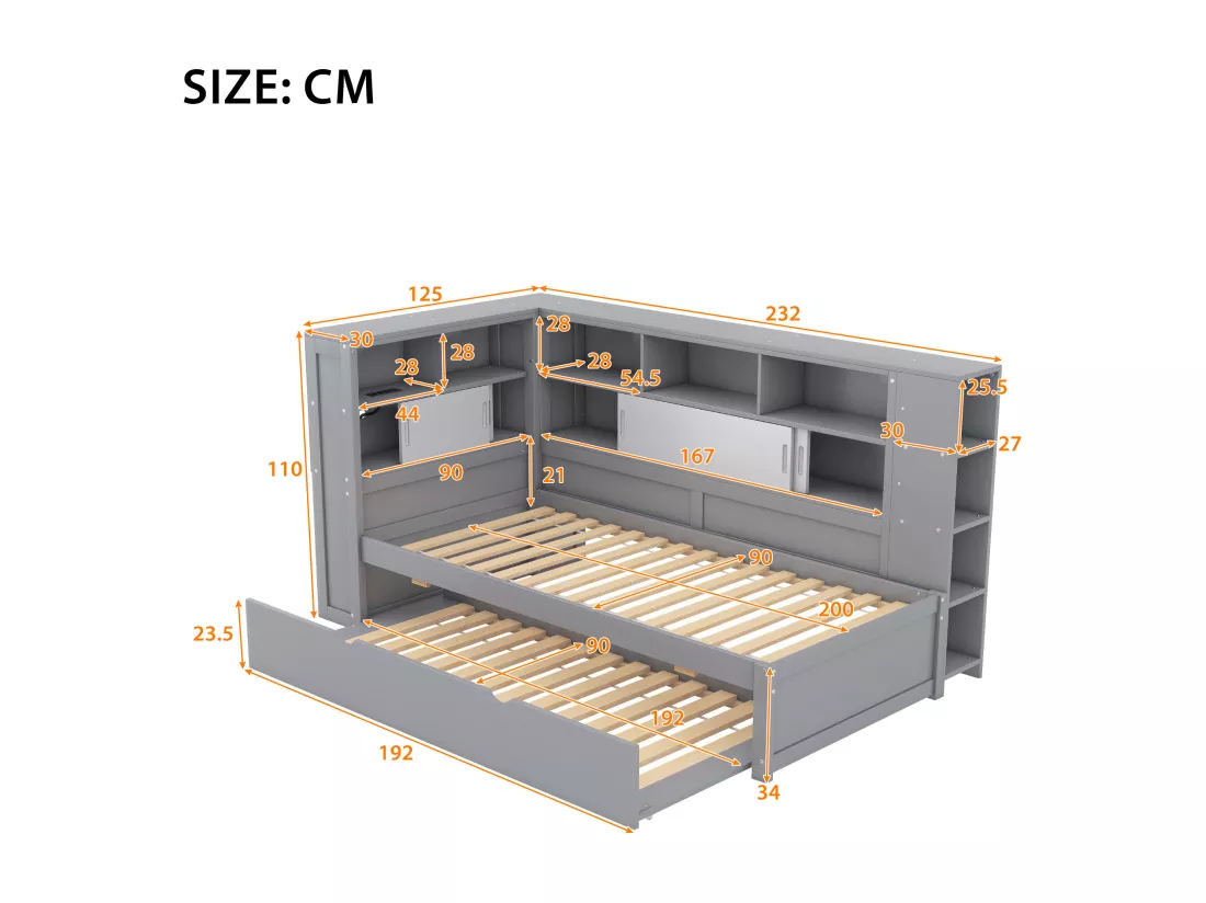 Lit gigogne en bois 90x200cm avec Ports de charge USB - entouré d'un cercle de rangements - Gris