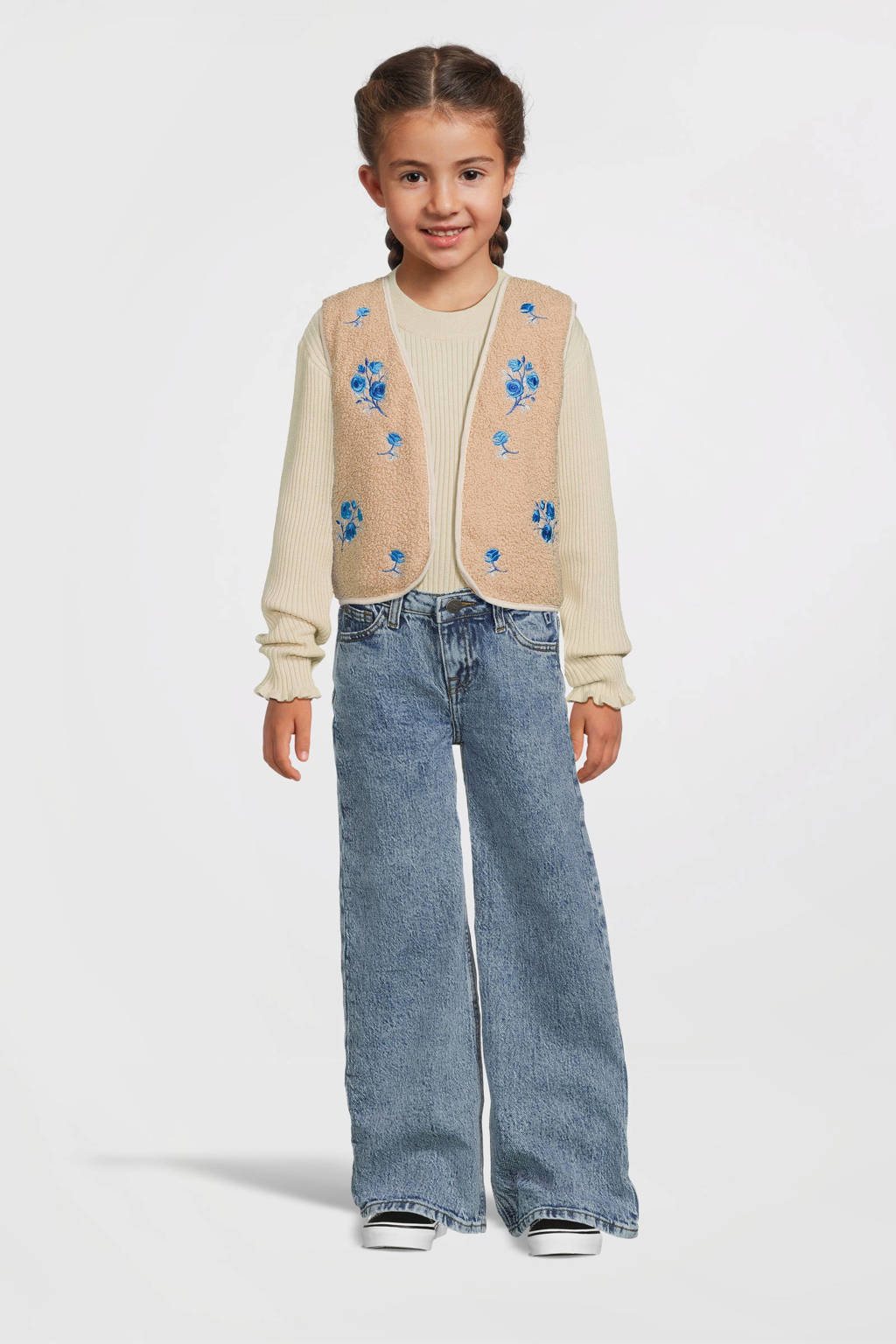Moodstreet gebloemd gilet Vajén lichtbruin/blauw
