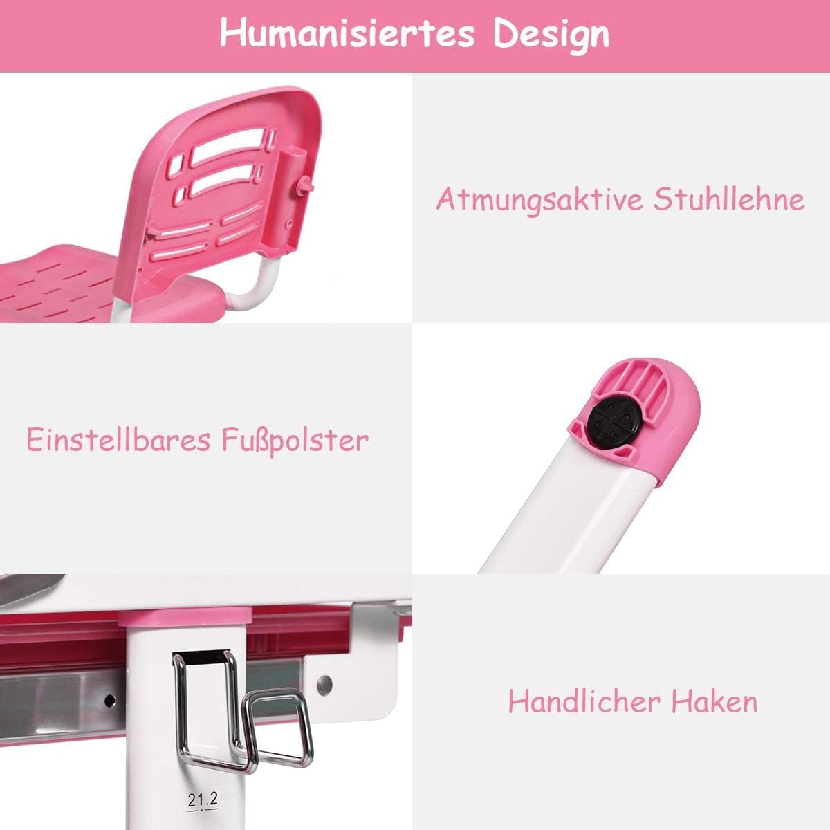 COSTWAY Kinderschreibtisch höhenverstellbar, Schülerschreibtisch mit Lampe, Kindermöbel neigungsverstellbar, Kindertisch mit Stuhl, Schreibtisch mit Schublade, Farbewahl (Hellrosa)