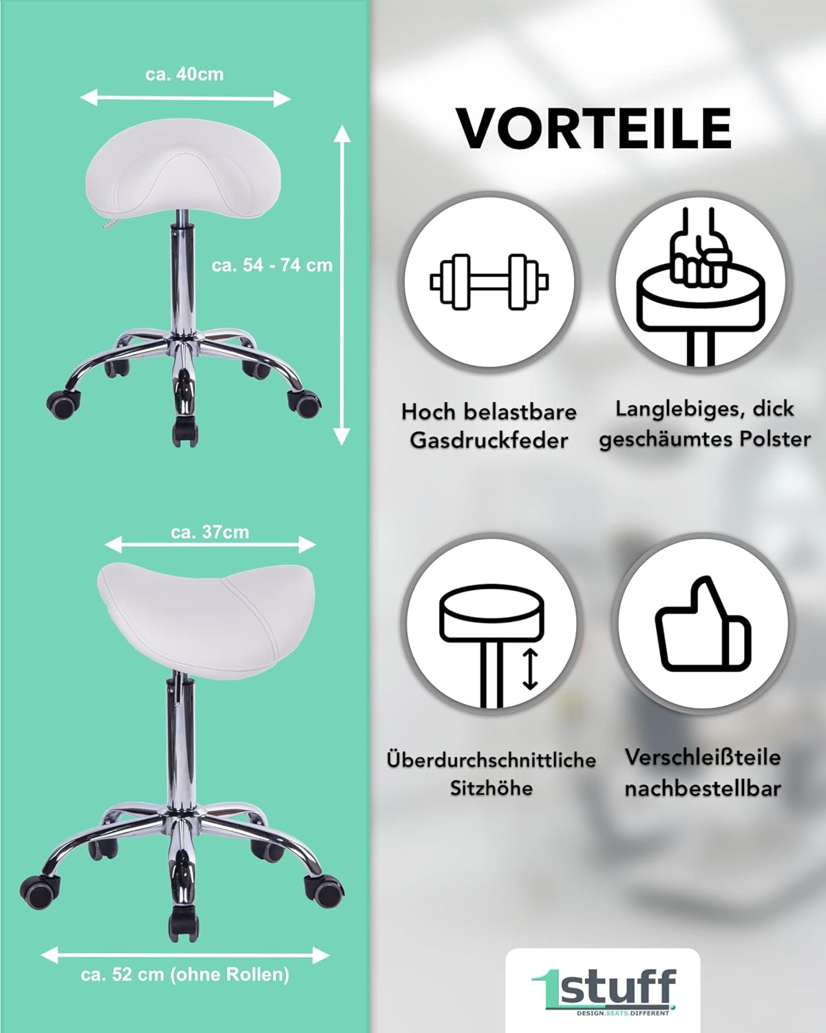 Sattelhocker Sattelstuhl MULY - Sitzhöhe bis ca. 74cm - ergonomischer Rollhocker Bürohocker Arzthocker Arbeitshocker Praxishocker Drehhocker (Lederimitat Royalblau)