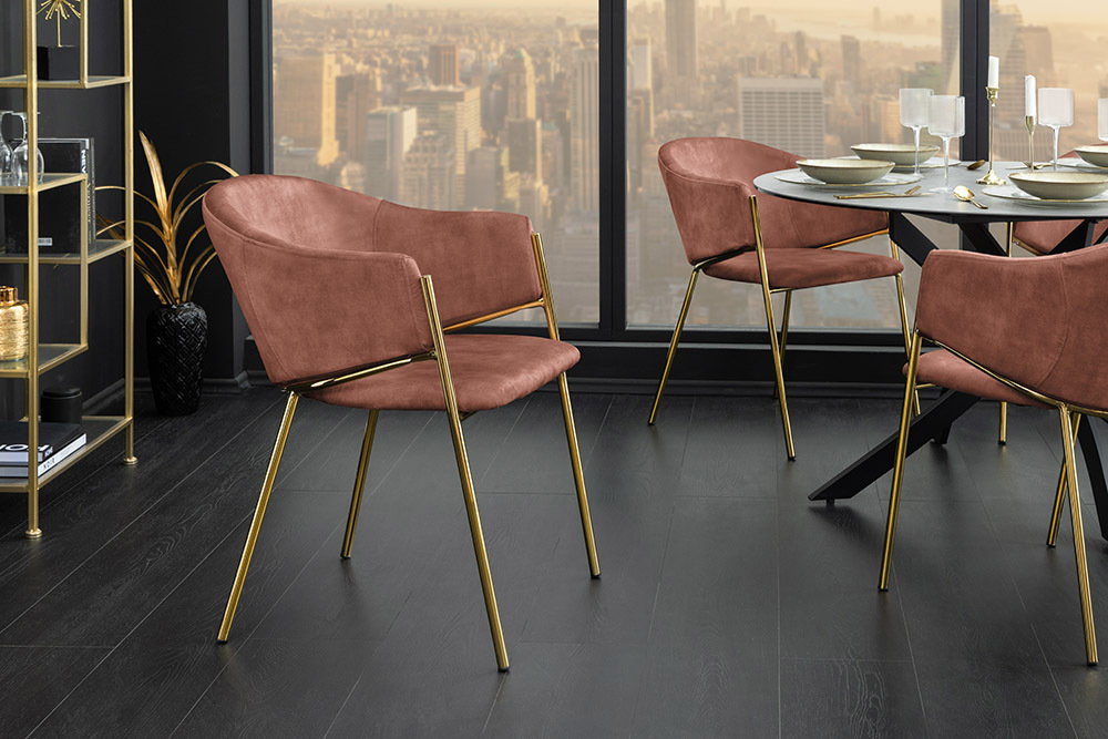 Design Stuhl NOBLESSE rosé Samt golden verchromtes Metallgestell Retro-Look