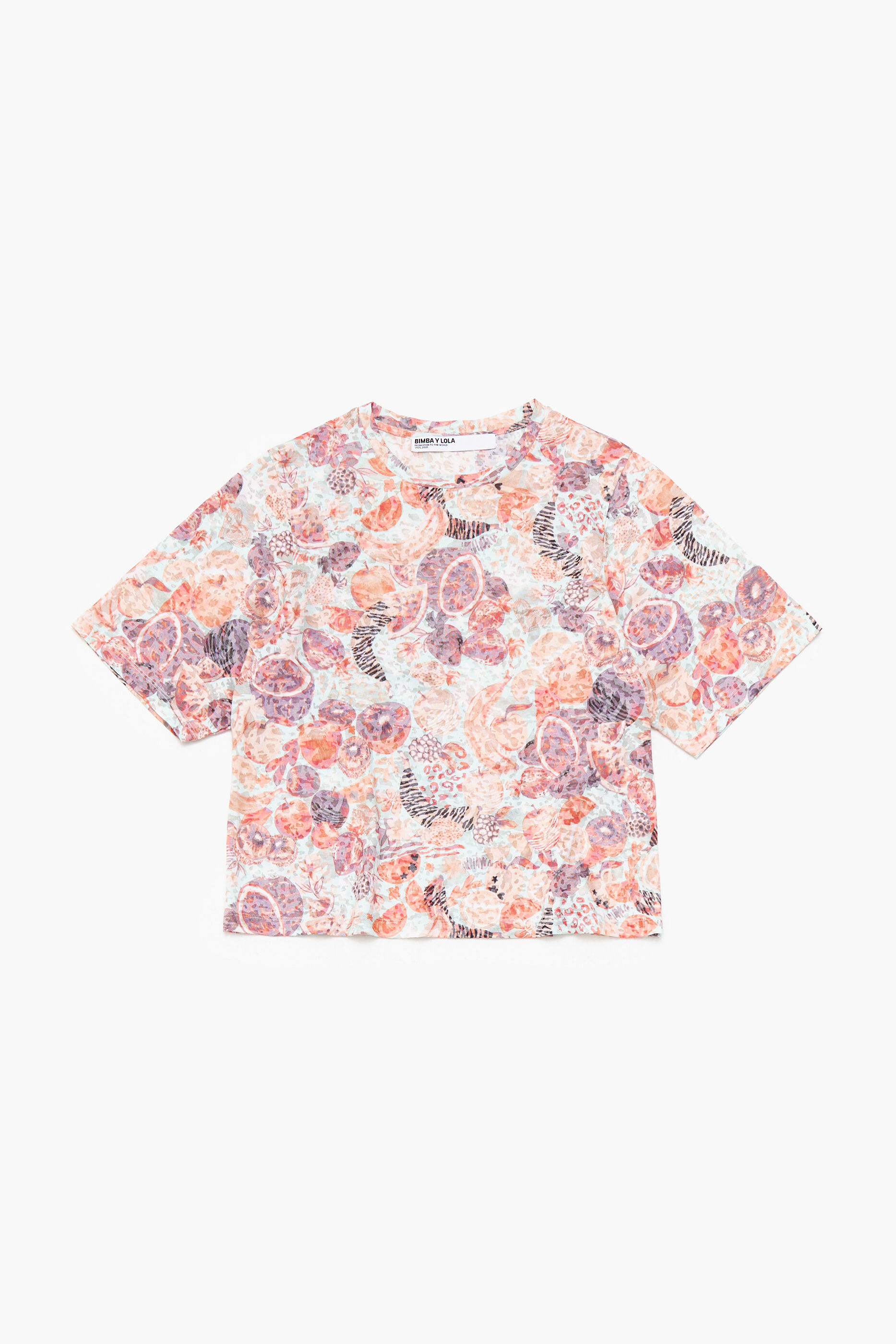 Camiseta quadrada com estampa de frutas