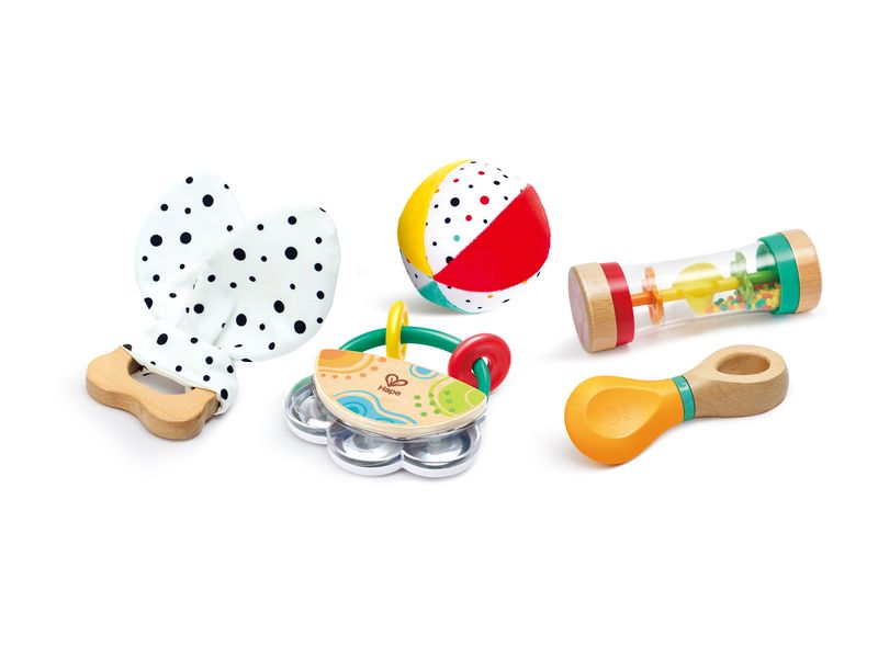 Hape Musikspielzeug 5-in-1-Baby-Sensorik-Set 5-tlg Spielzeugset fördert die sensorische Entwicklung