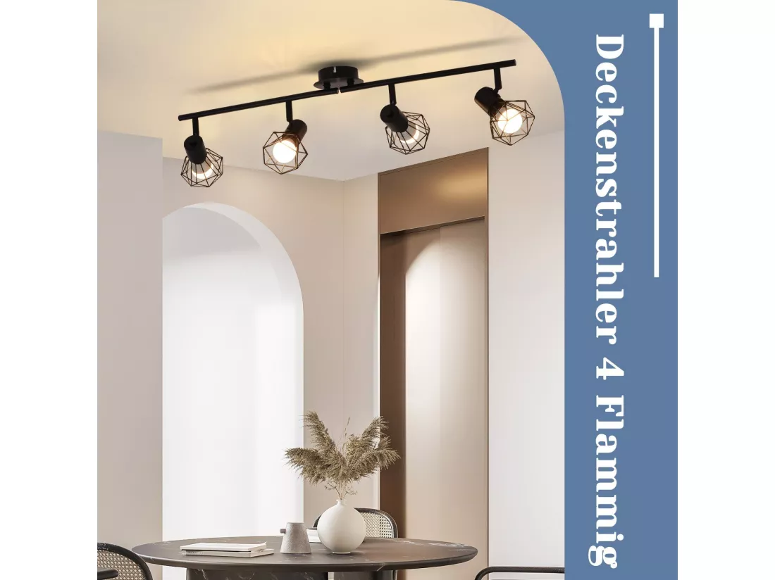 NETTLIFE 4 Spots de Plafond Noir Vintage Rétro E14 Industriel Pivotants à 350°Métal Intérieur pour Salon Chambre d'enfant Cuisine