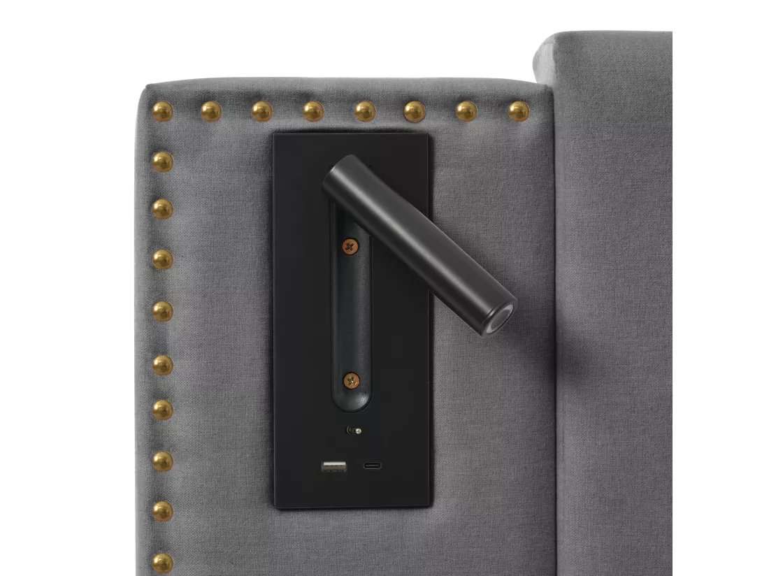 Lit coffre 180x200cm en tissu de cotton - avec lampes de lecture et Ports de charge USB - avec sommier à lattes - Gris