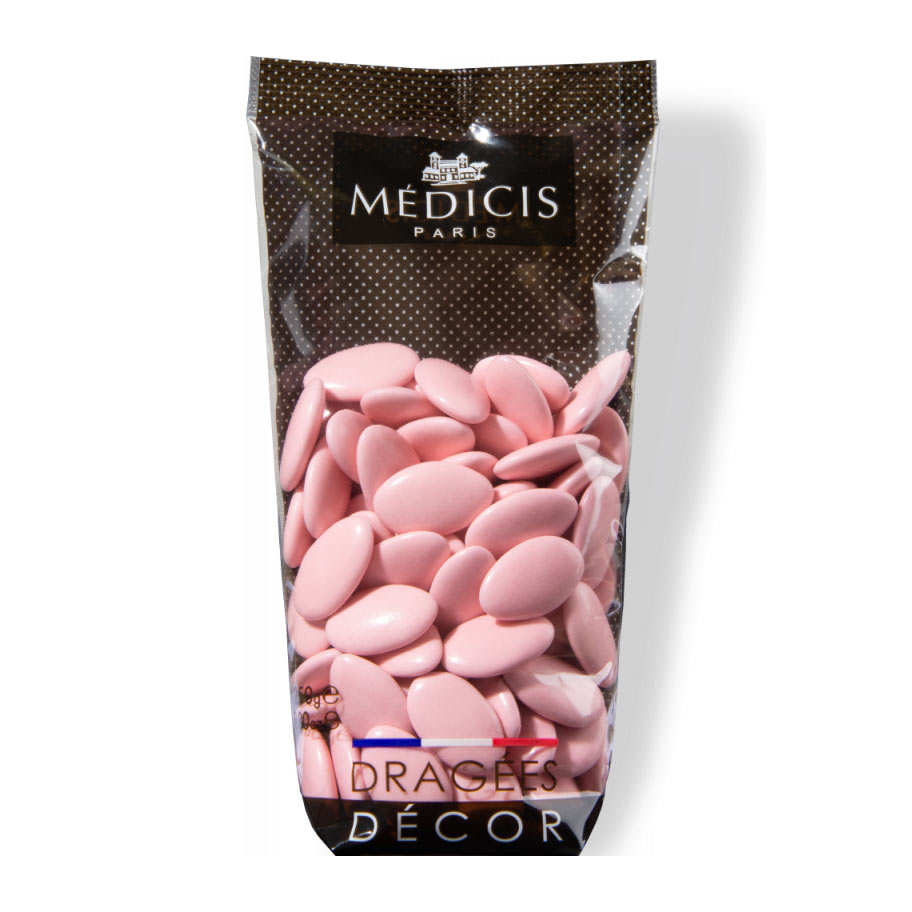 Dragées décor au chocolat noir 70% laqué rose