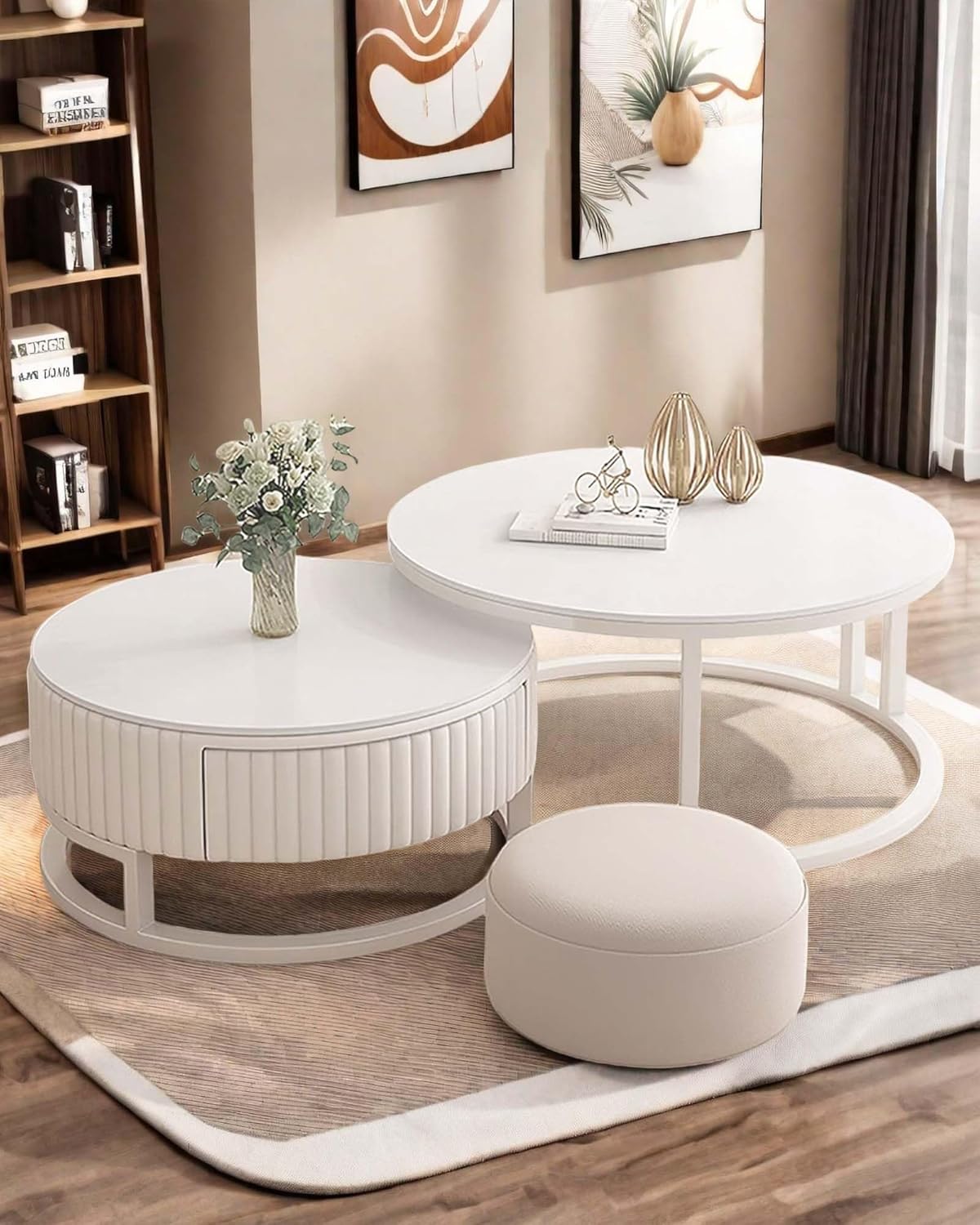 Weiss Couchtisch Rund 2er Set Moderner Hochglanz Sofatisch Beistelltisch Für Wohnzimmer, 50+70cm Nested Runder Couchtisch Wohnzimmertisch Kaffeetisch Satztische Für Schlafzimmer