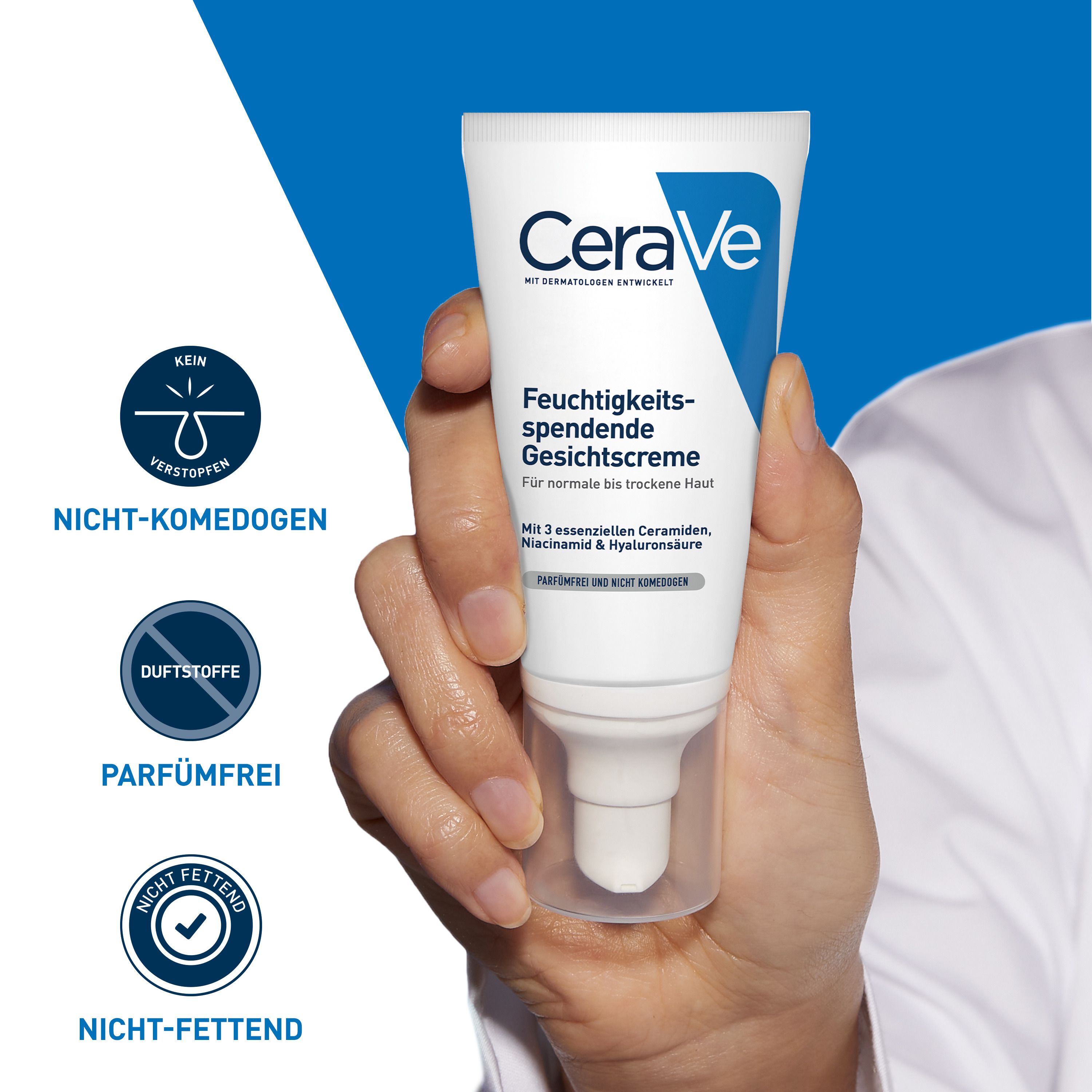 CeraVe Feuchtigkeitsspendende Gesichtscreme: hydratisierende Gesichtspflege mit Hyaluron, Niacinamid und Ceramiden für normale bis trockene Haut