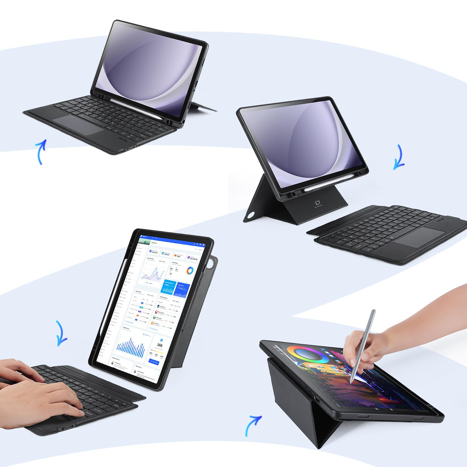 2in1 Samsung Galaxy Tab A9  Plus Leder Tasche Magnetische Bluetooth Tastatur   S-Pen Halterung (QWERTY) - Schwarz