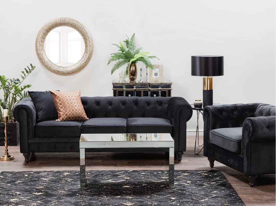Ensemble canapé et fauteuil en velours noir 4 places CHESTERFIELD